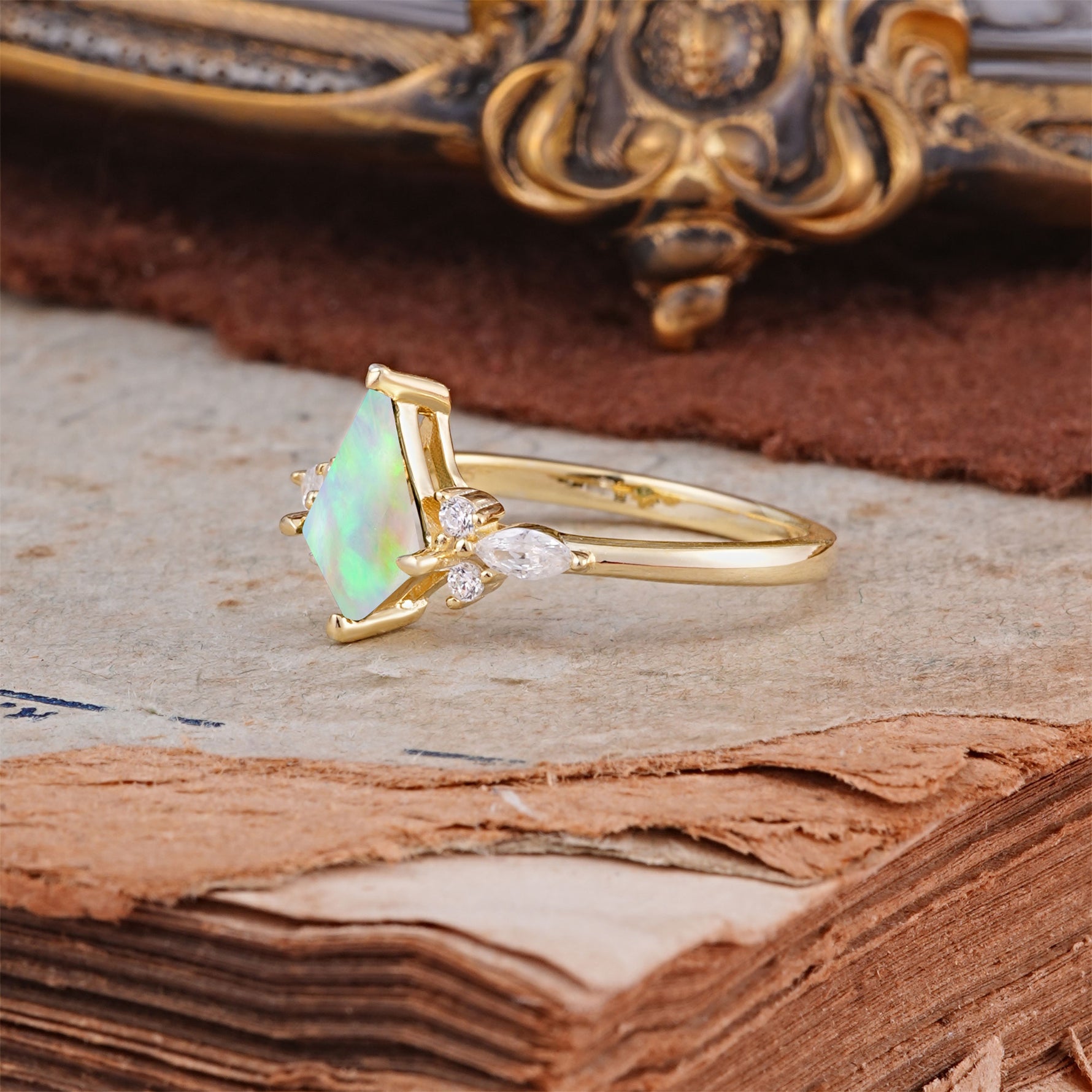 Classic 4 Prong Kite Cut Fire Opal Engagement Ring - Additional view