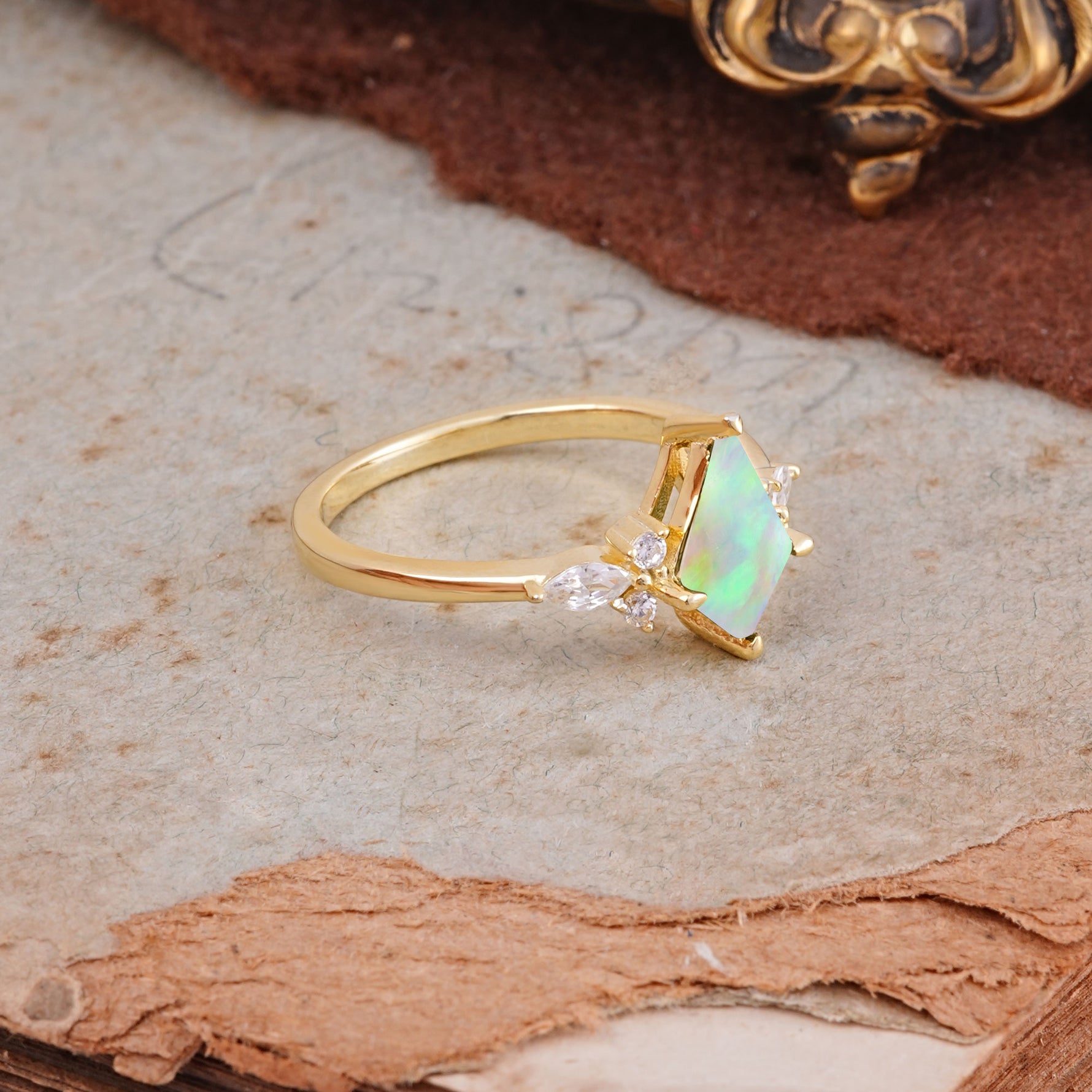 Classic 4 Prong Kite Cut Fire Opal Engagement Ring - Additional view
