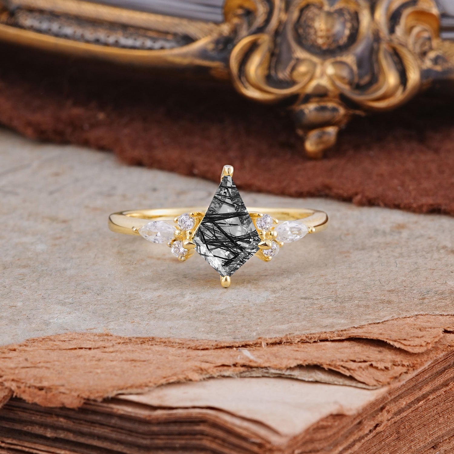 Classic 4 Prong Kite Cut Black Rutilated Quartz Engagement Ring - Additional view