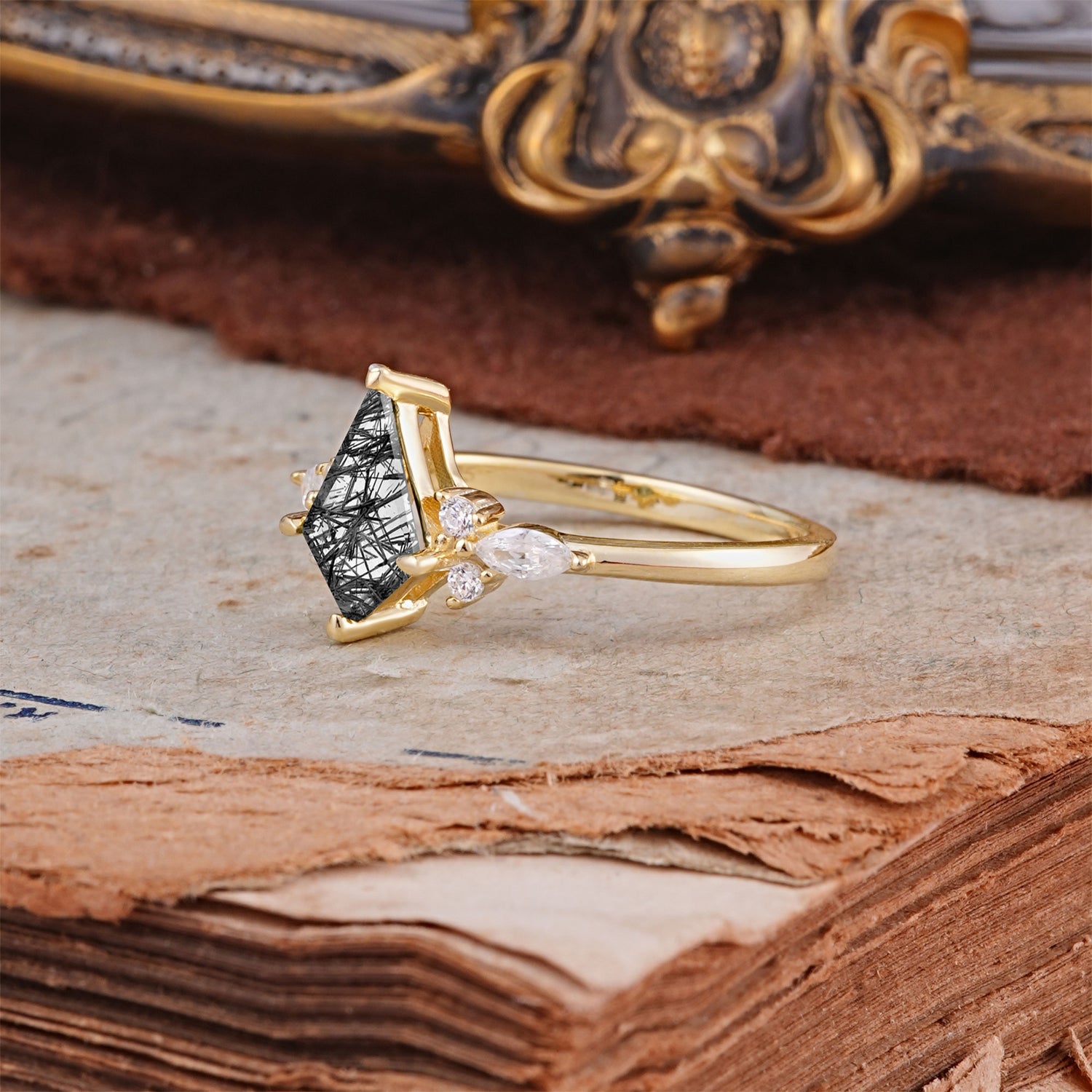 Classic 4 Prong Kite Cut Black Rutilated Quartz Engagement Ring - Additional view