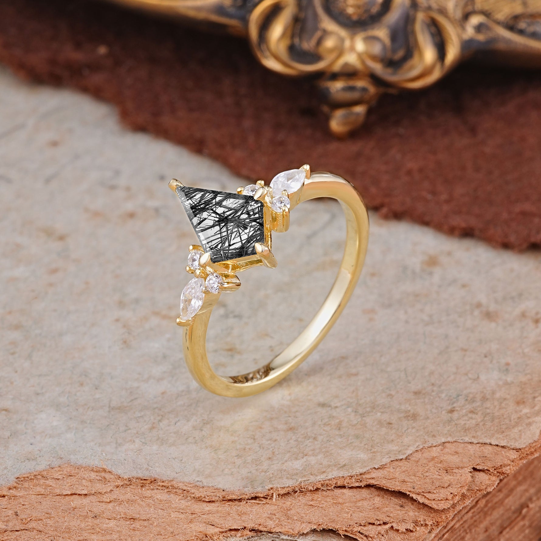 Classic 4 Prong Kite Cut Black Rutilated Quartz Engagement Ring - Additional view