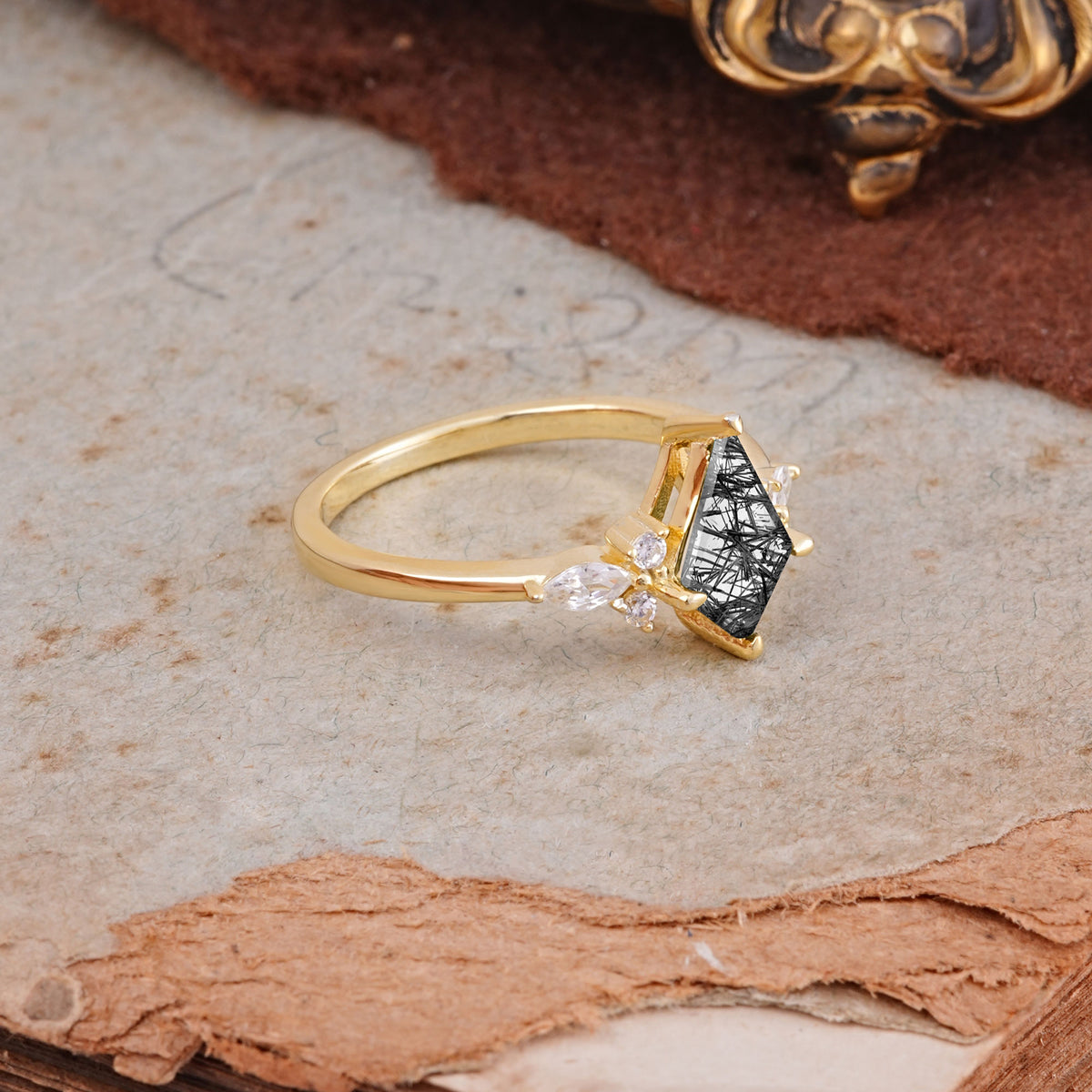 Classic 4 Prong Kite Cut Black Rutilated Quartz Engagement Ring - Additional view