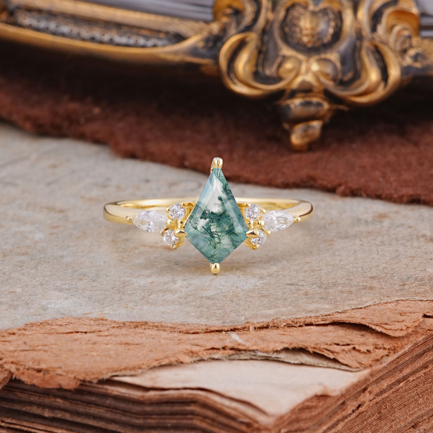 Classic 4 Prong Kite Cut Moss Agate Engagement Ring - Additional view