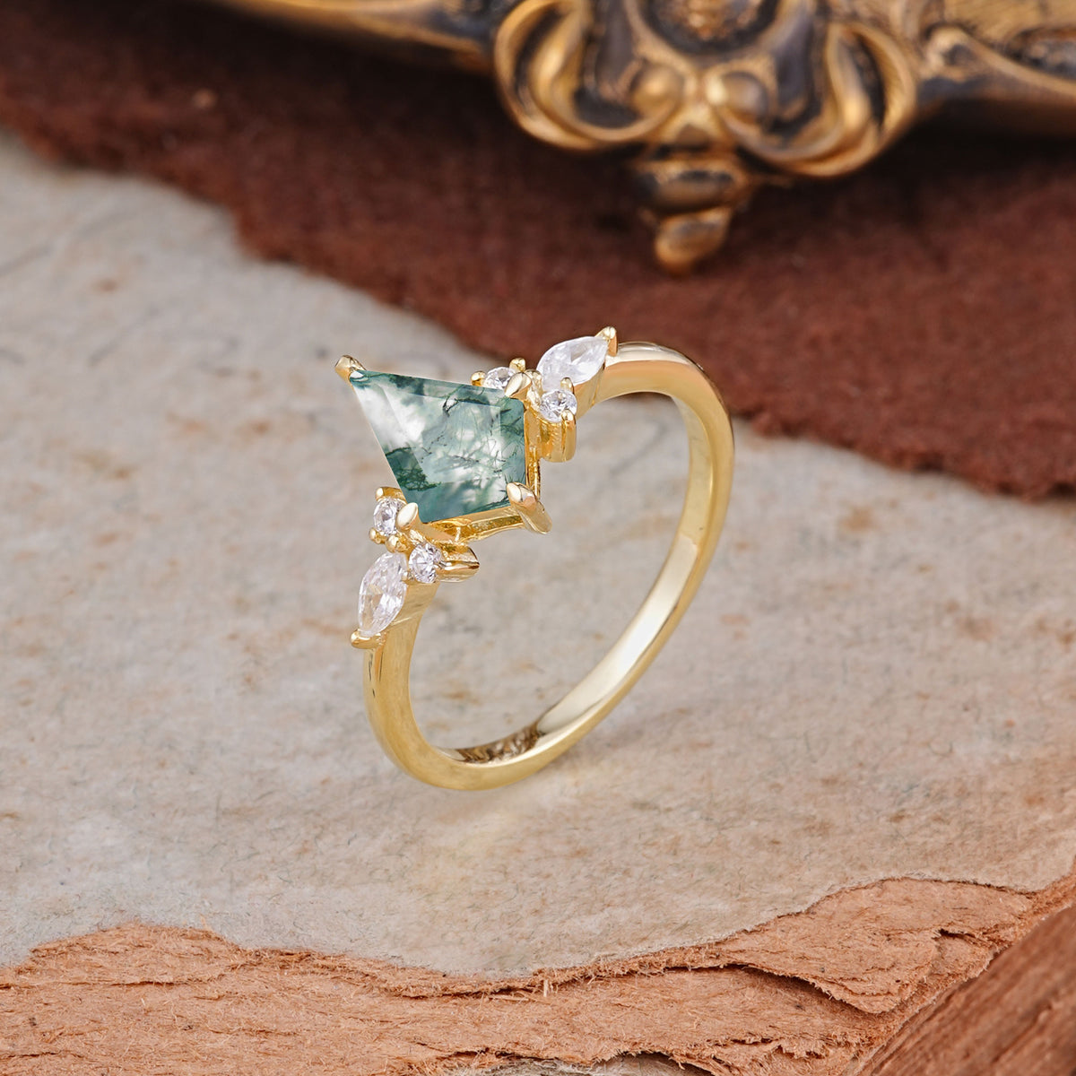 Classic 4 Prong Kite Cut Moss Agate Engagement Ring - Additional view