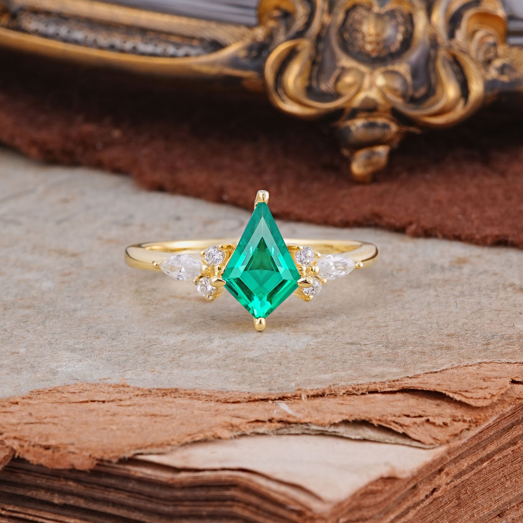 Classic 4 Prong Kite Cut Emerald Engagement Ring - Additional view
