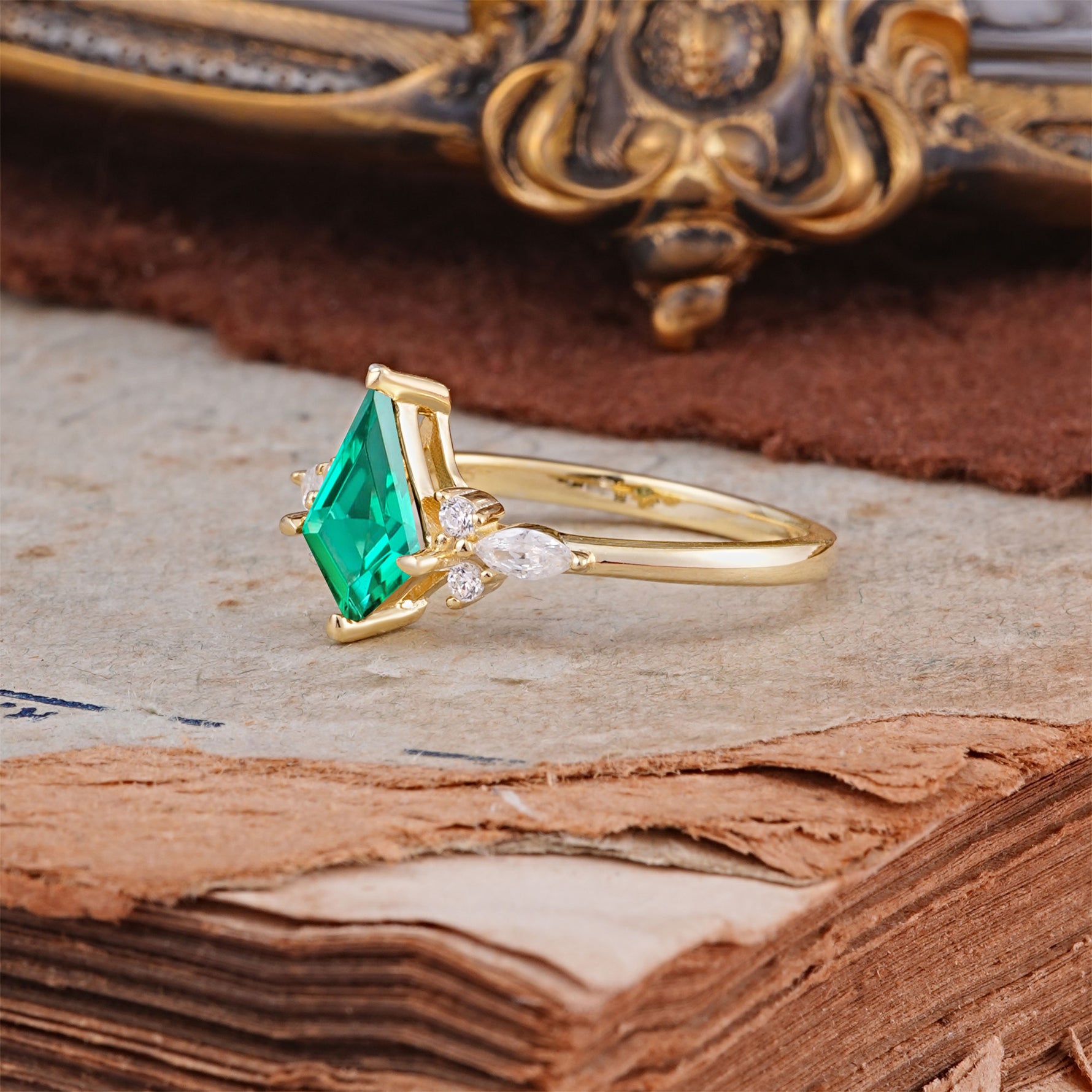 Classic 4 Prong Kite Cut Emerald Engagement Ring - Additional view