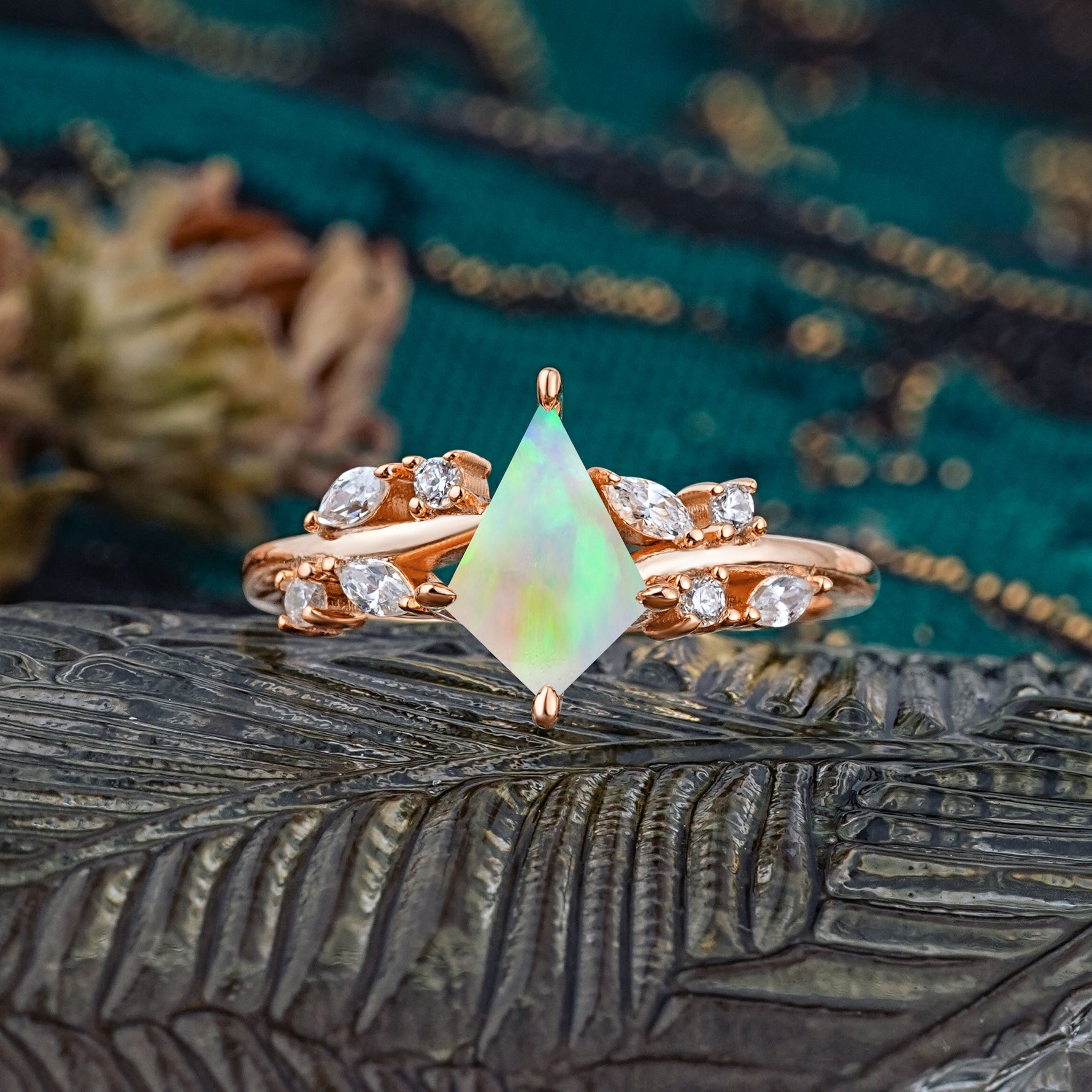 Unique Sparkling Kite Cut Fire Opal Engagement Ring - Additional view