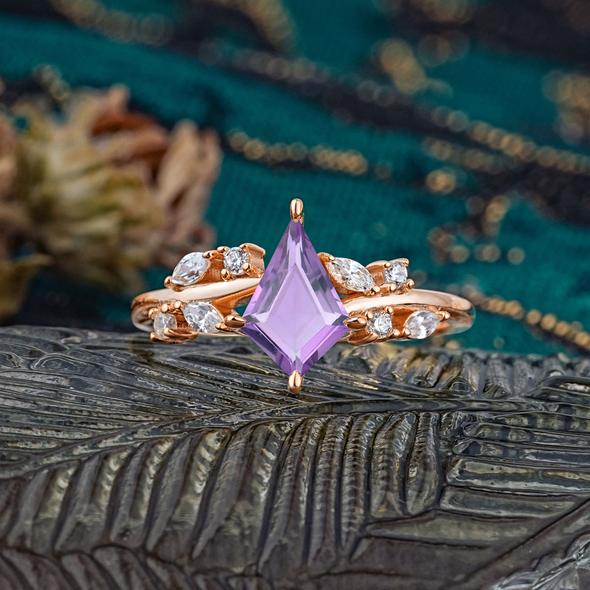 Unique Sparkling Kite Cut Amethyst Engagement Ring - Additional view