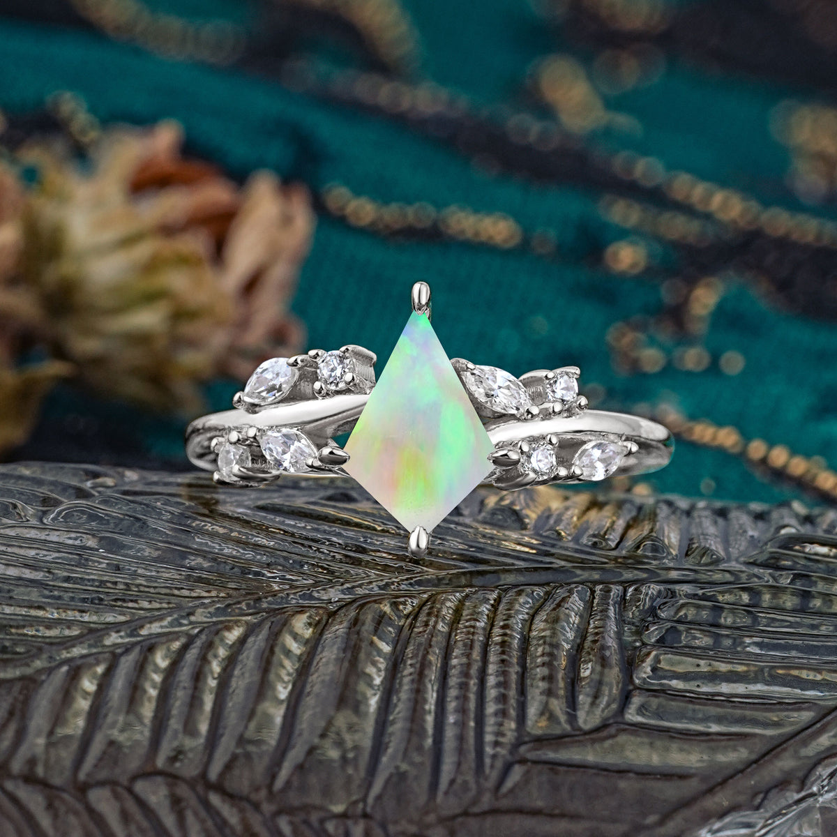 Unique Sparkling Kite Cut Fire Opal Engagement Ring - Additional view