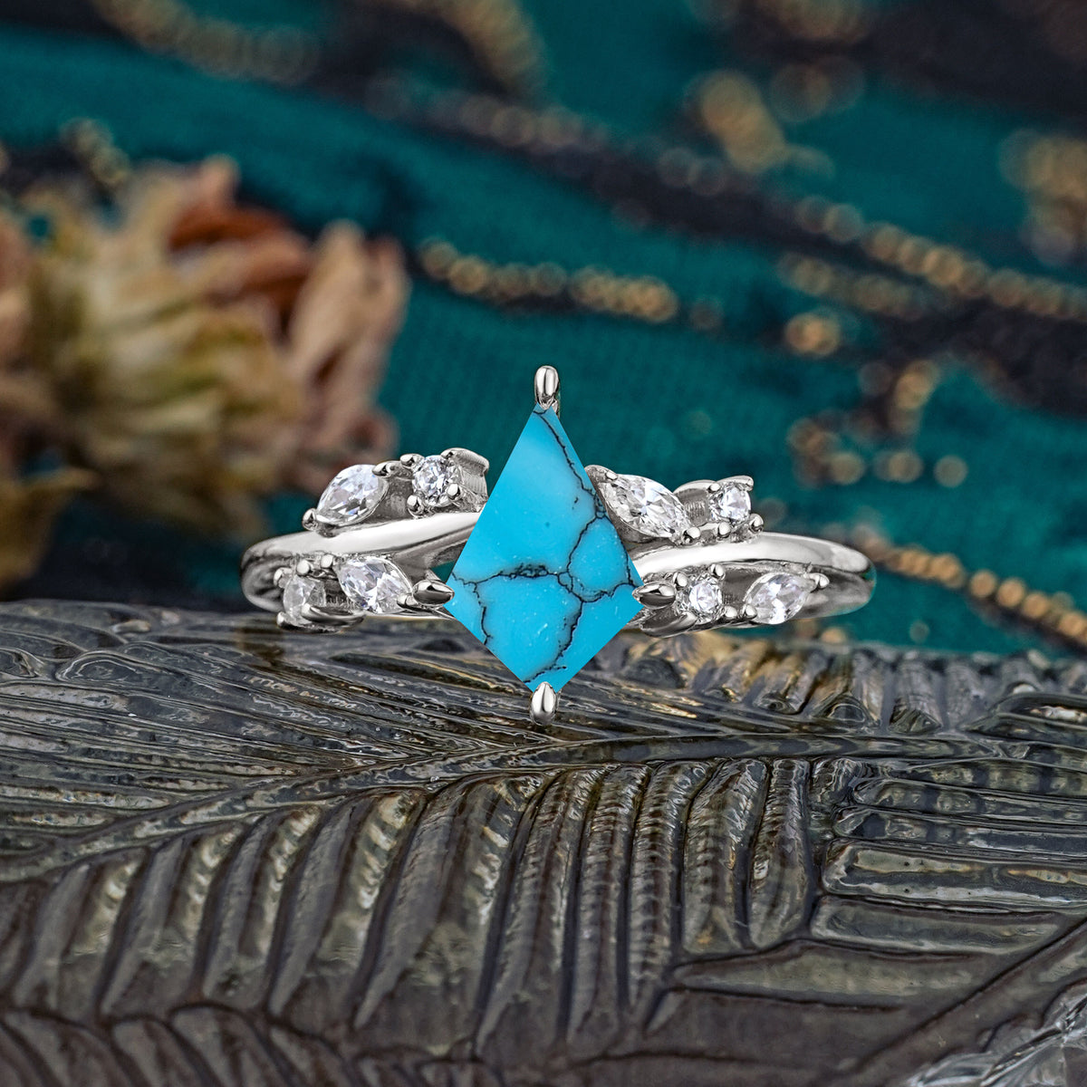 Unique Sparkling Kite Cut Turquoise Engagement Ring - Additional view