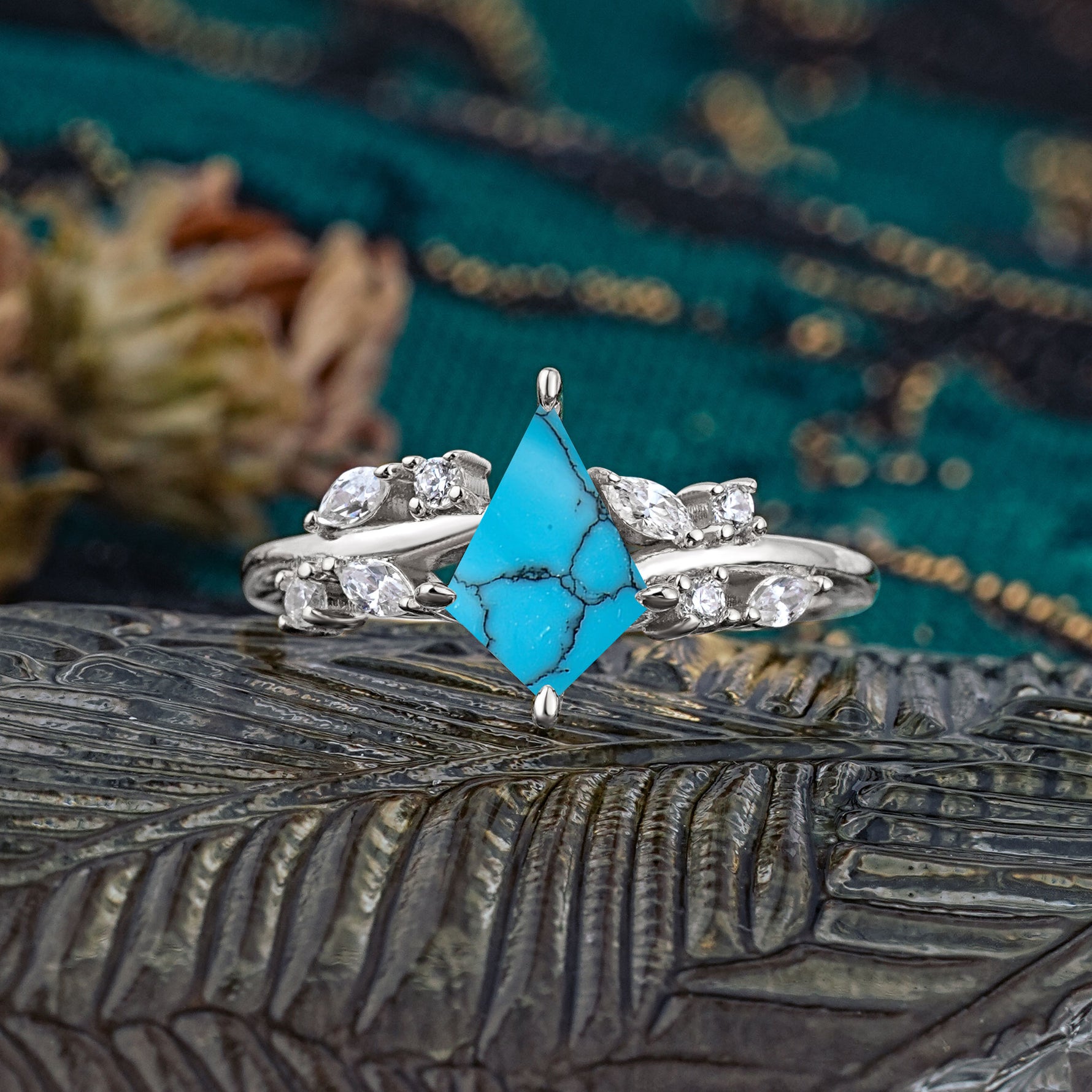 Unique Sparkling Kite Cut Turquoise Engagement Ring - Additional view