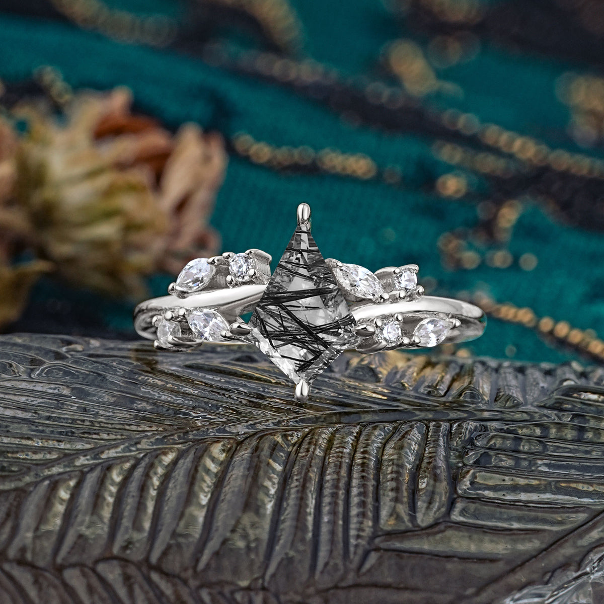 Unique Sparkling Kite Cut Black Rutilated Quartz Engagement Ring - Additional view