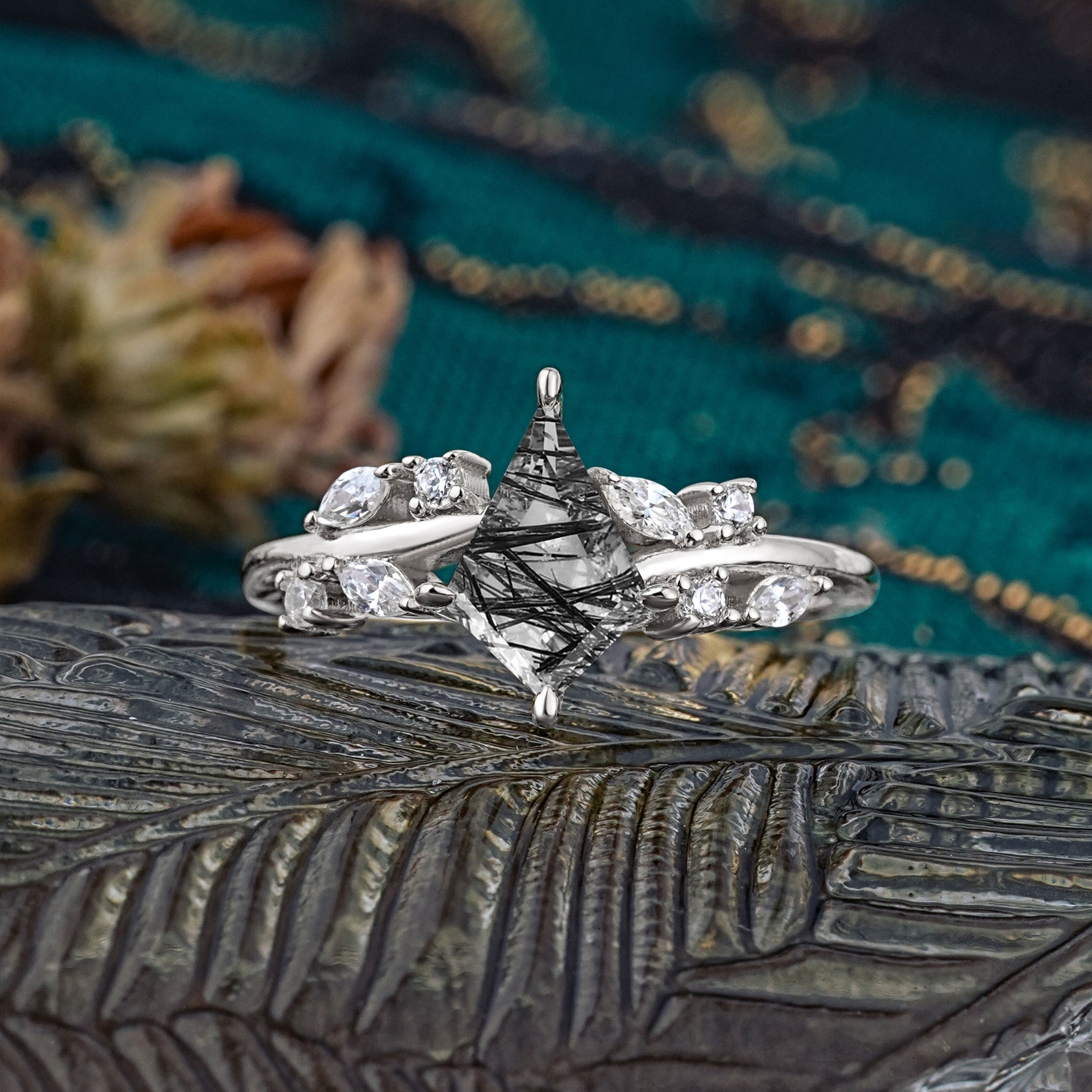 Unique Sparkling Kite Cut Black Rutilated Quartz Engagement Ring - Additional view