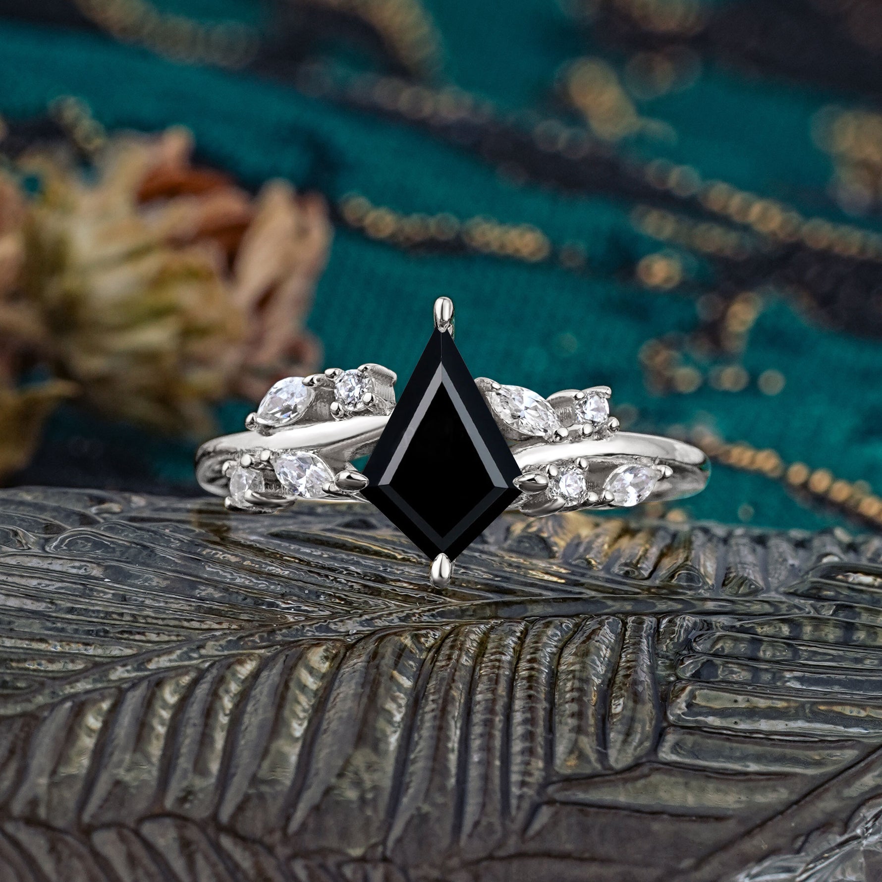 Unique Sparkling Kite Cut Black Onyx Engagement Ring - Additional view