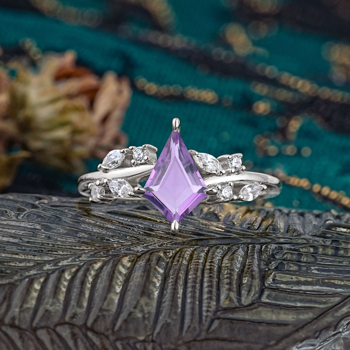 Unique Sparkling Kite Cut Amethyst Engagement Ring - Additional view