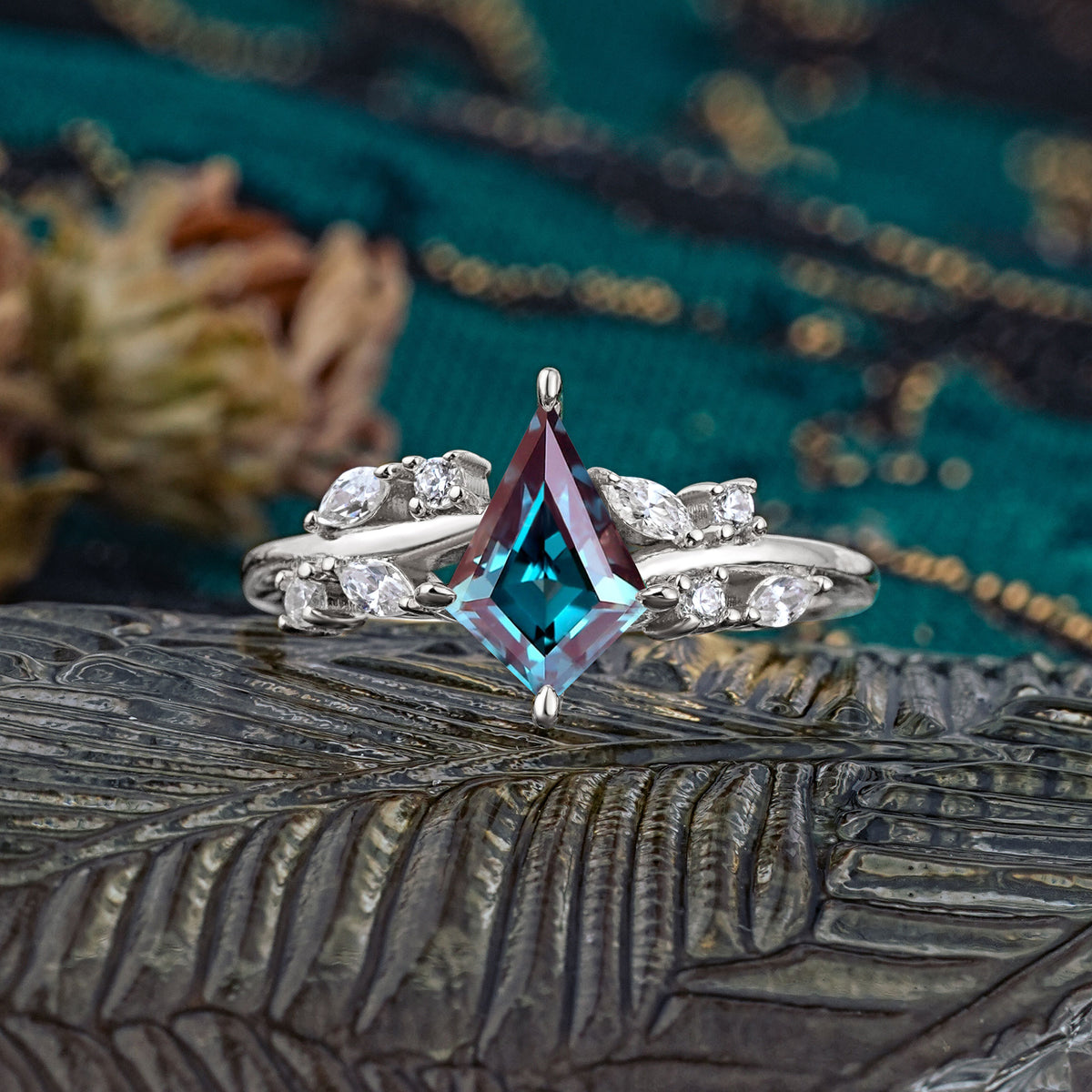 Unique Sparkling Kite Cut Alexandrite Engagement Ring - Additional view