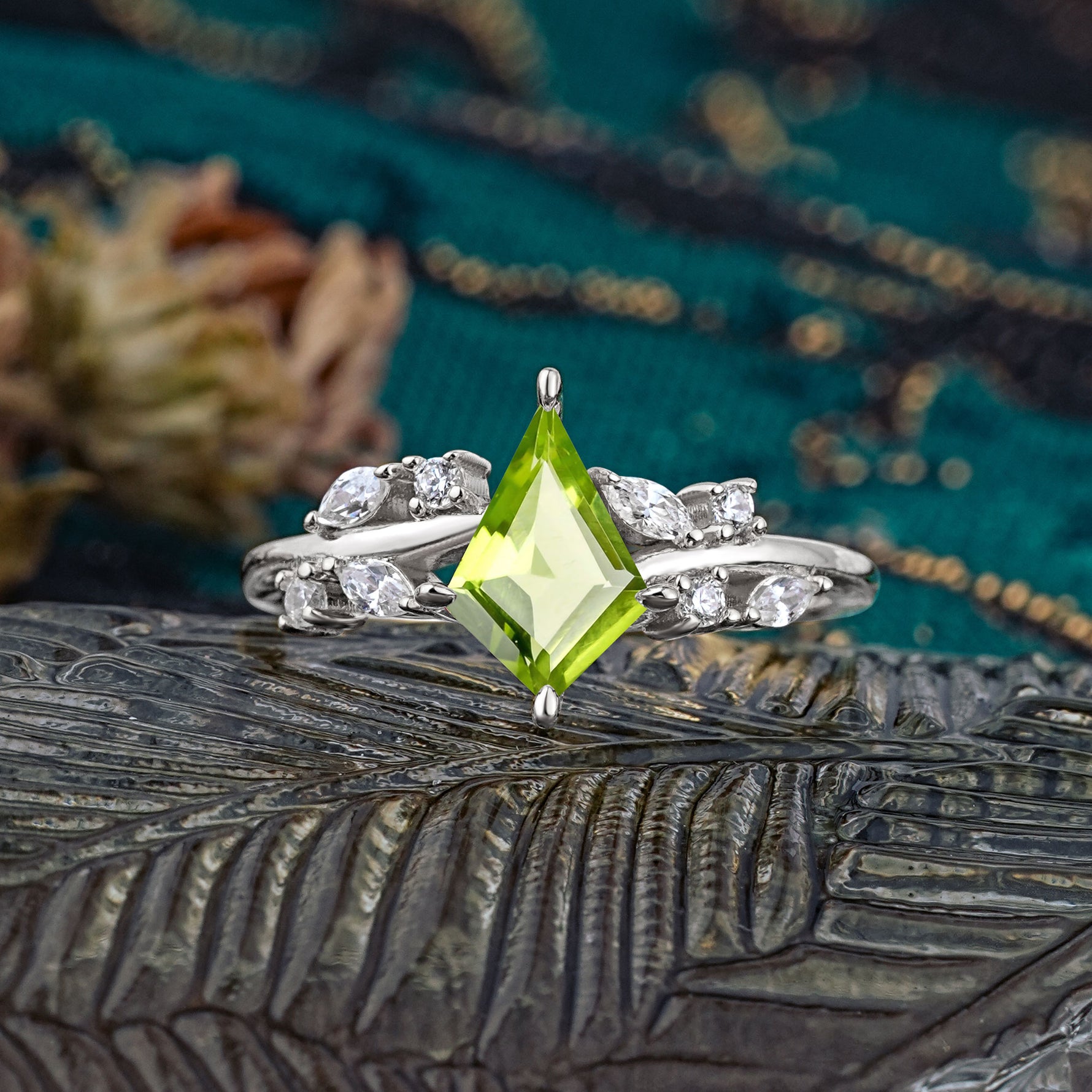 Unique Sparkling Kite Cut Peridot Engagement Ring - Additional view