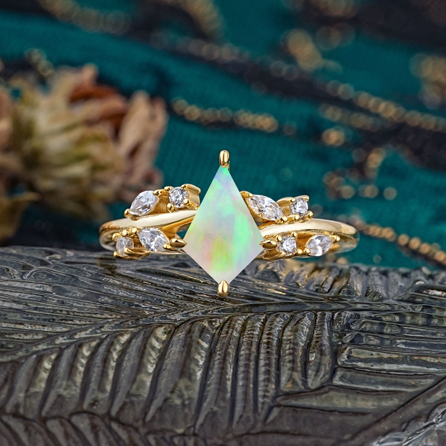 Unique Sparkling Kite Cut Fire Opal Engagement Ring - Additional view
