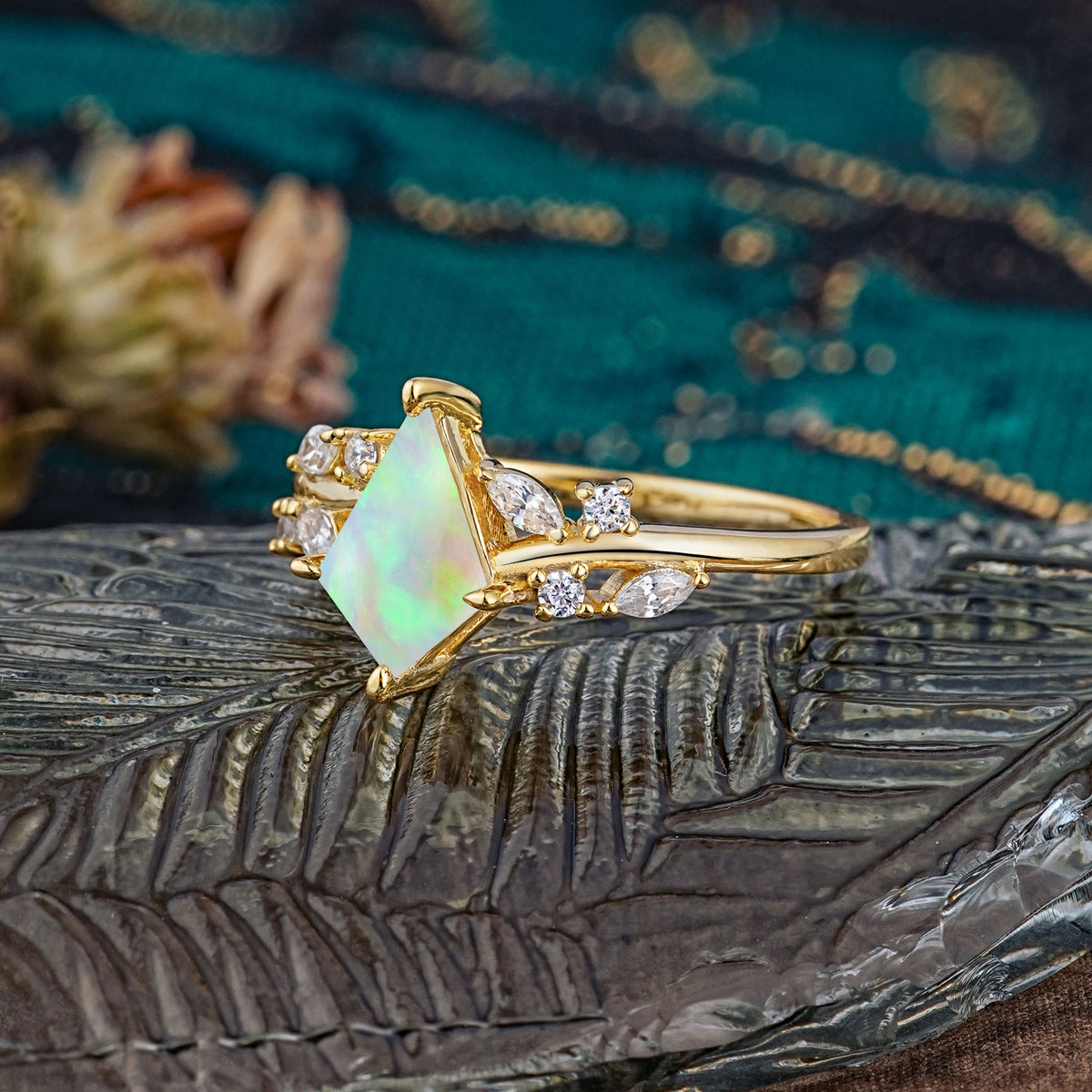 Unique Sparkling Kite Cut Fire Opal Engagement Ring - Additional view