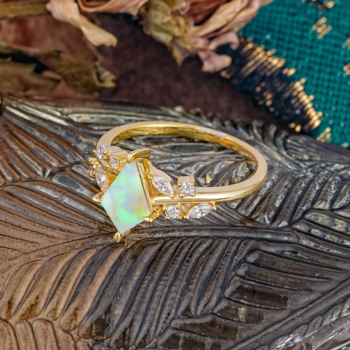 Unique Sparkling Kite Cut Fire Opal Engagement Ring - Additional view