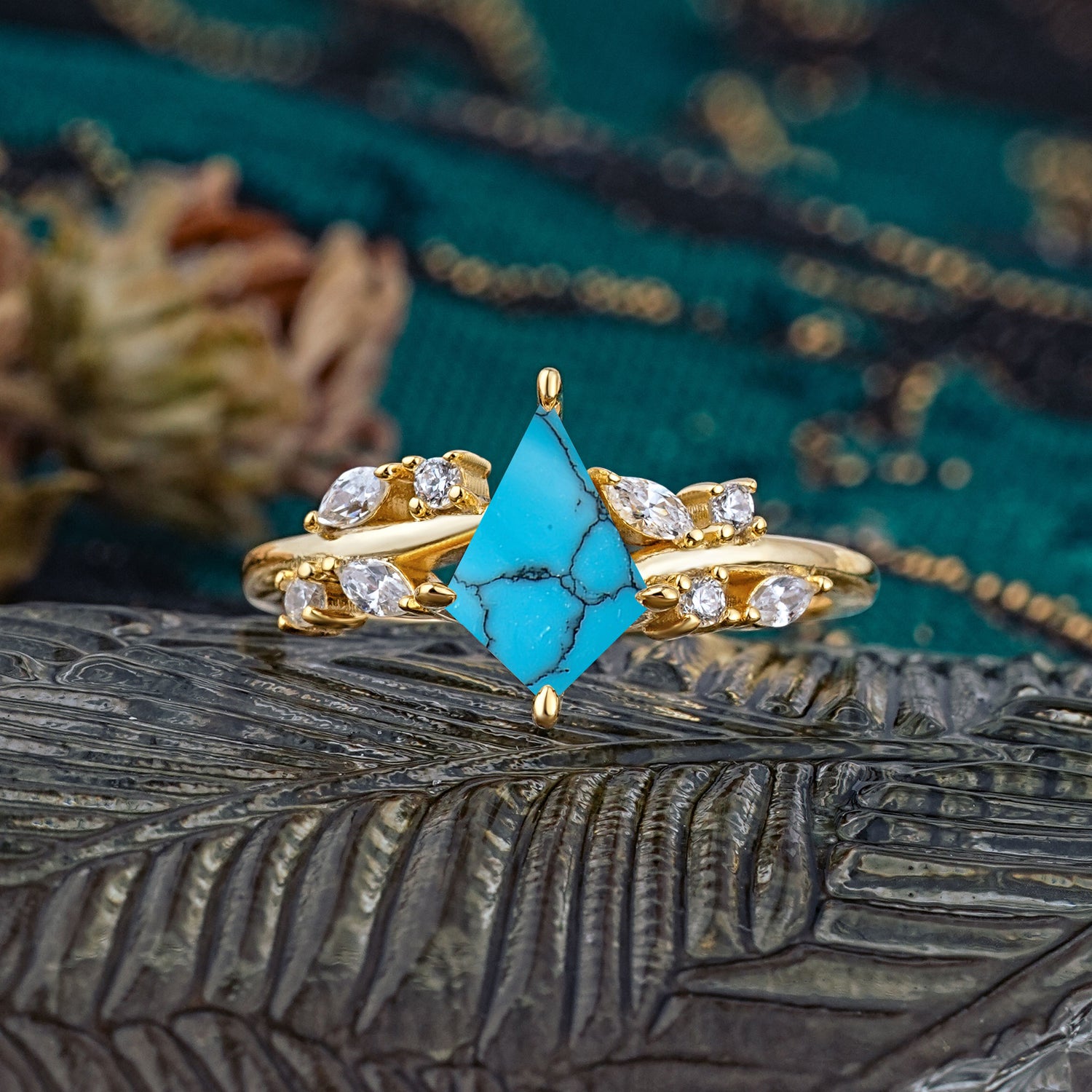 Unique Sparkling Kite Cut Turquoise Engagement Ring - Additional view