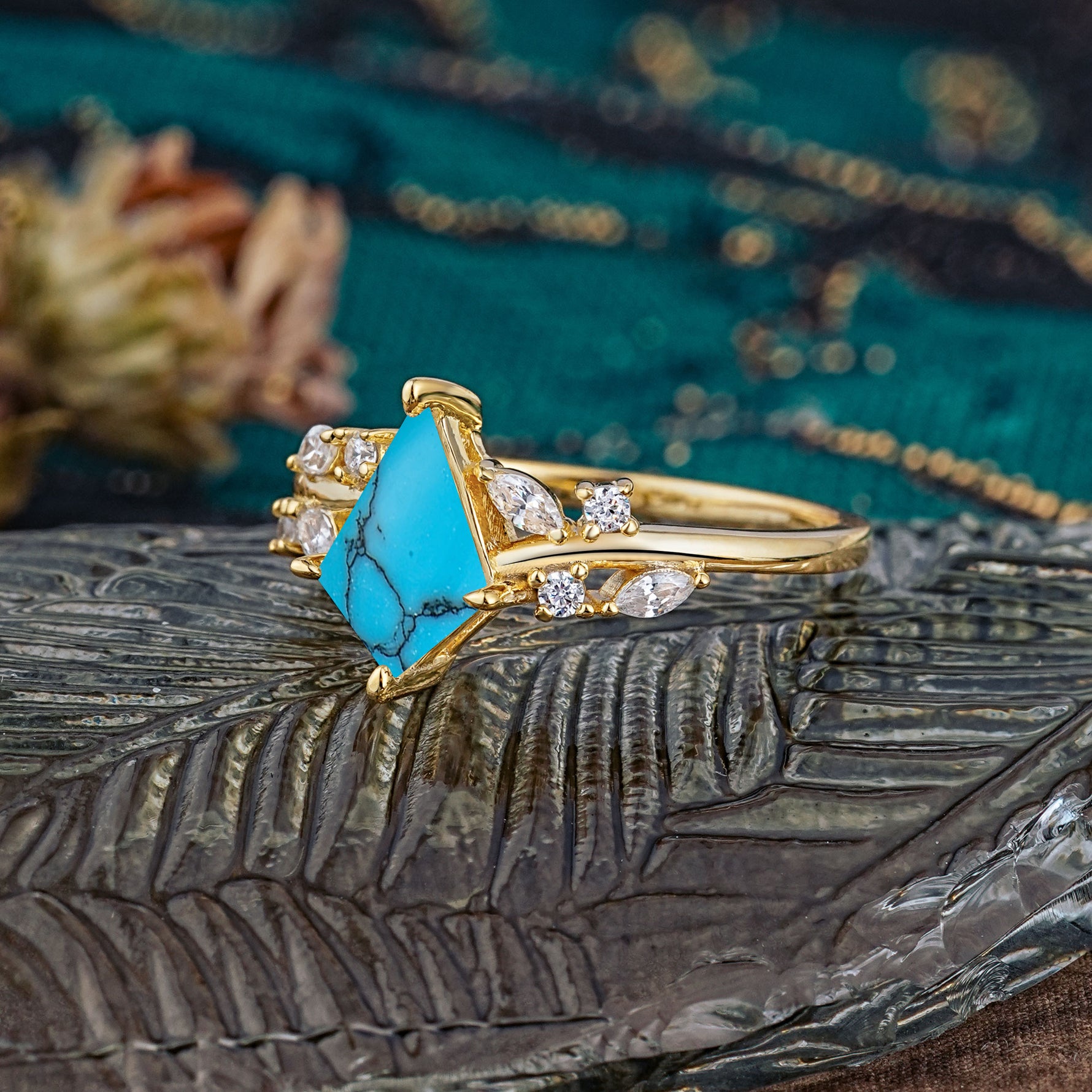 Unique Sparkling Kite Cut Turquoise Engagement Ring - Additional view