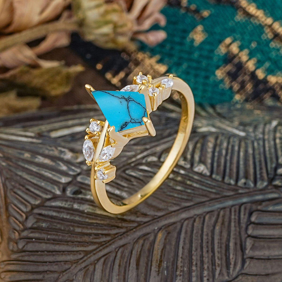 Unique Sparkling Kite Cut Turquoise Engagement Ring - Additional view