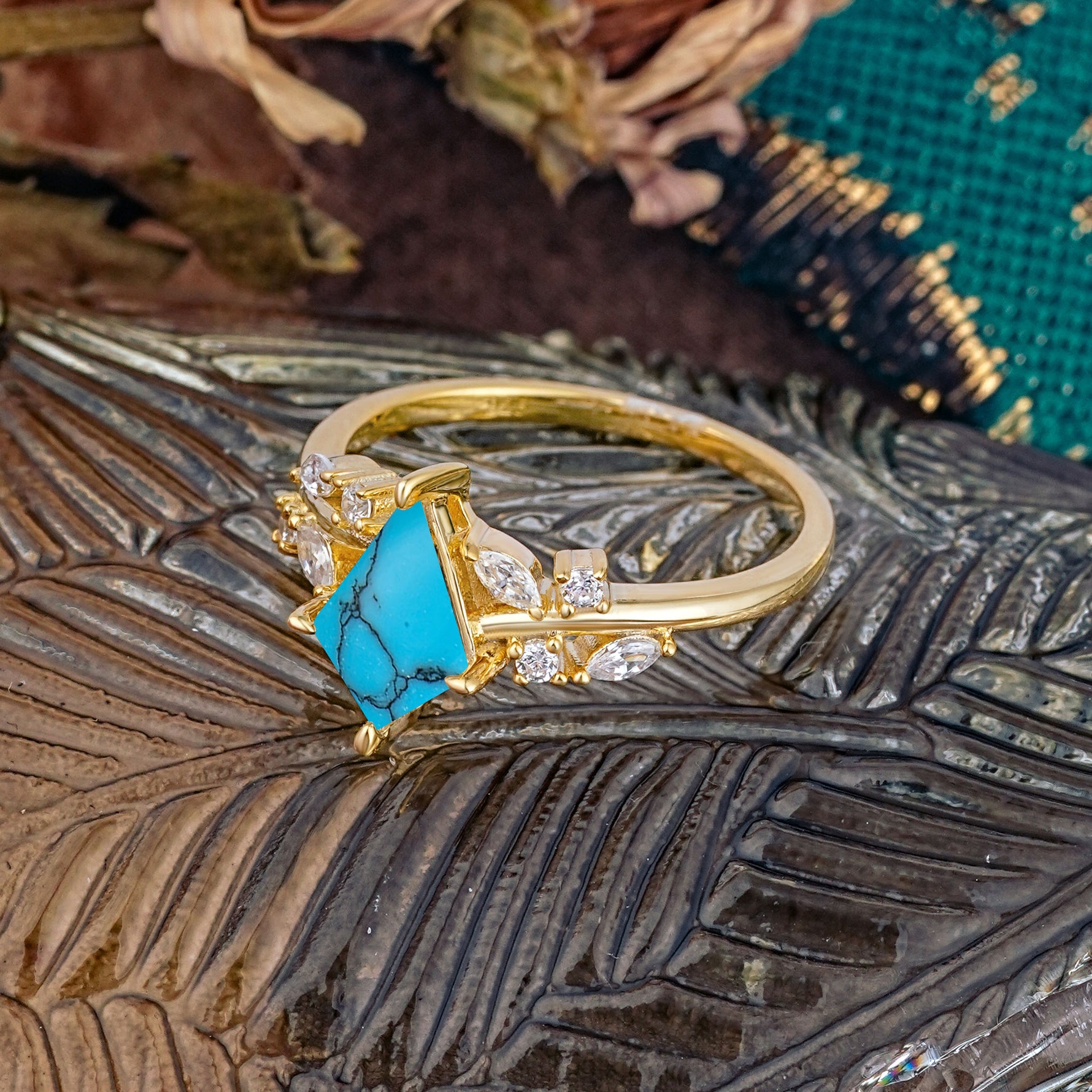 Unique Sparkling Kite Cut Turquoise Engagement Ring - Additional view