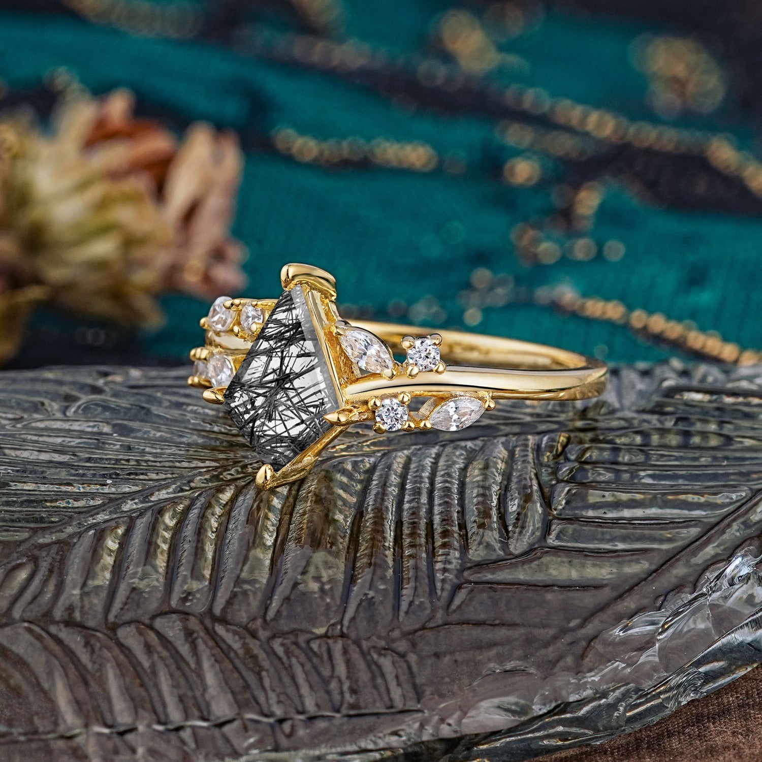 Unique Sparkling Kite Cut Black Rutilated Quartz Engagement Ring - Additional view
