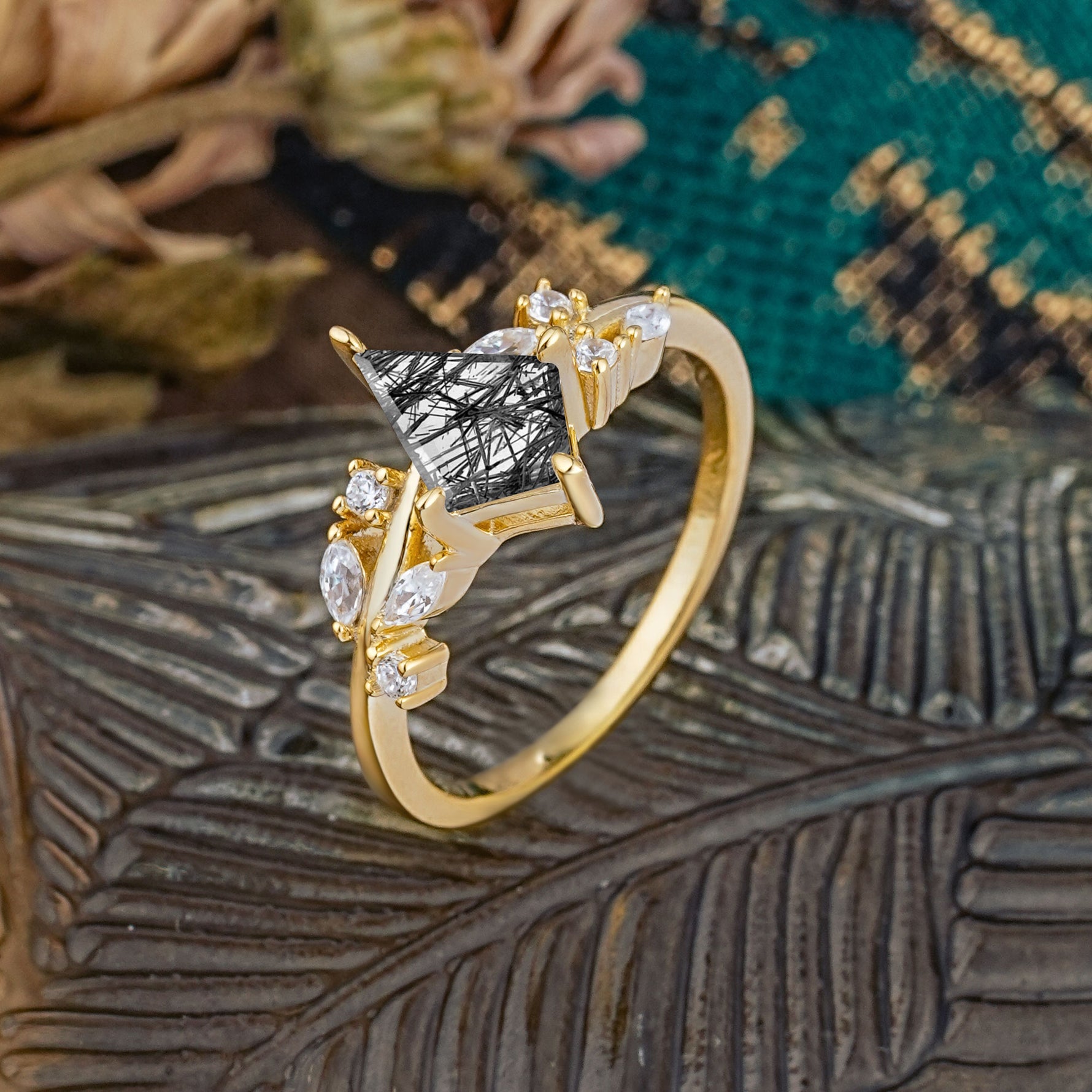 Unique Sparkling Kite Cut Black Rutilated Quartz Engagement Ring - Additional view
