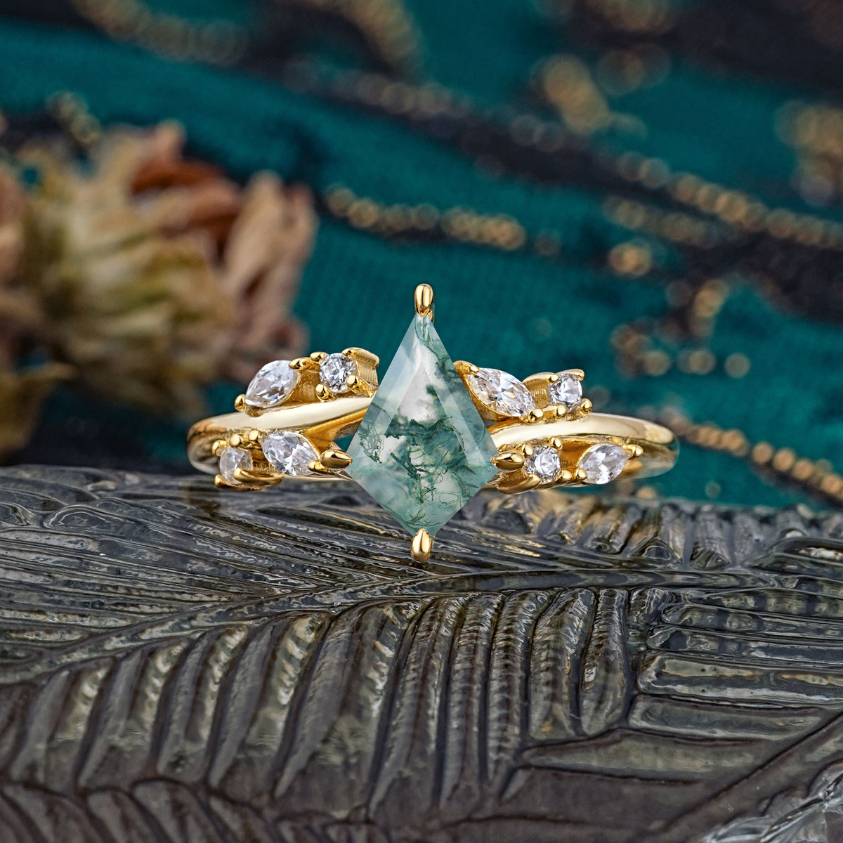 Unique Sparkling Kite Cut Moss Agate Engagement Ring - Additional view