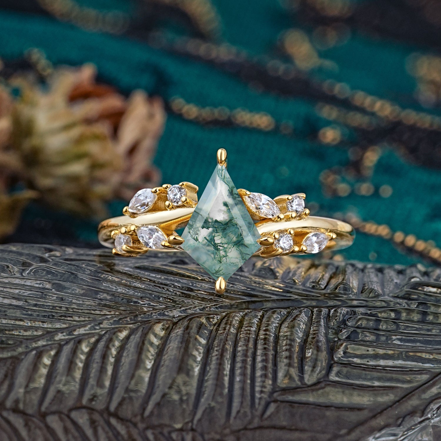 Unique Sparkling Kite Cut Moss Agate Engagement Ring - Additional view