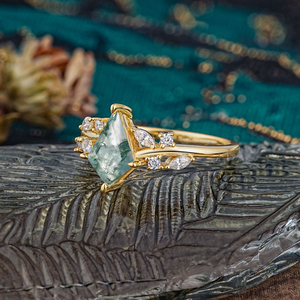 Unique Sparkling Kite Cut Moss Agate Engagement Ring - Additional view