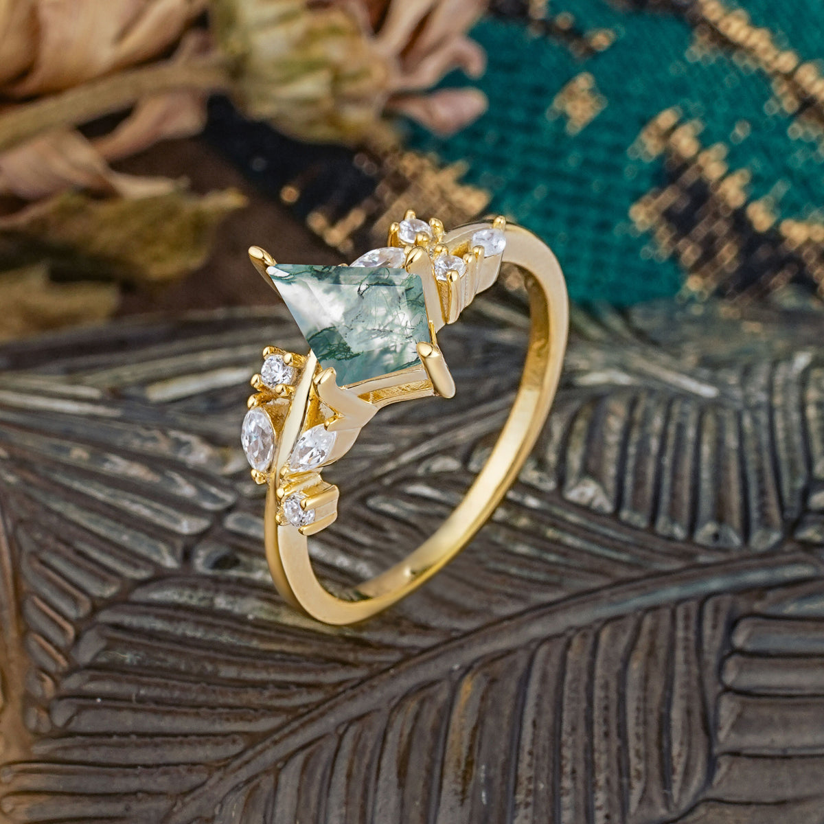 Unique Sparkling Kite Cut Moss Agate Engagement Ring - Additional view