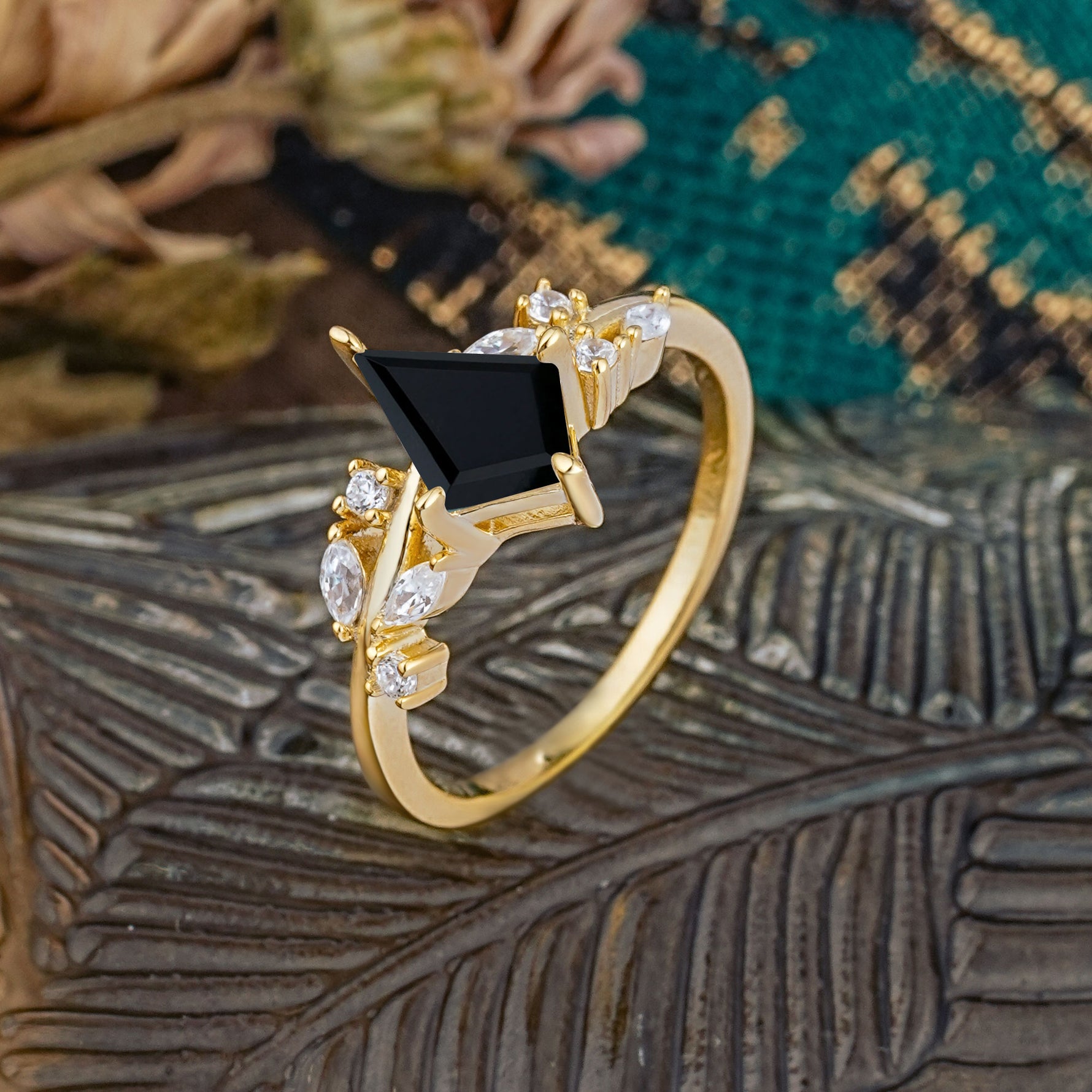 Unique Sparkling Kite Cut Black Onyx Engagement Ring - Additional view