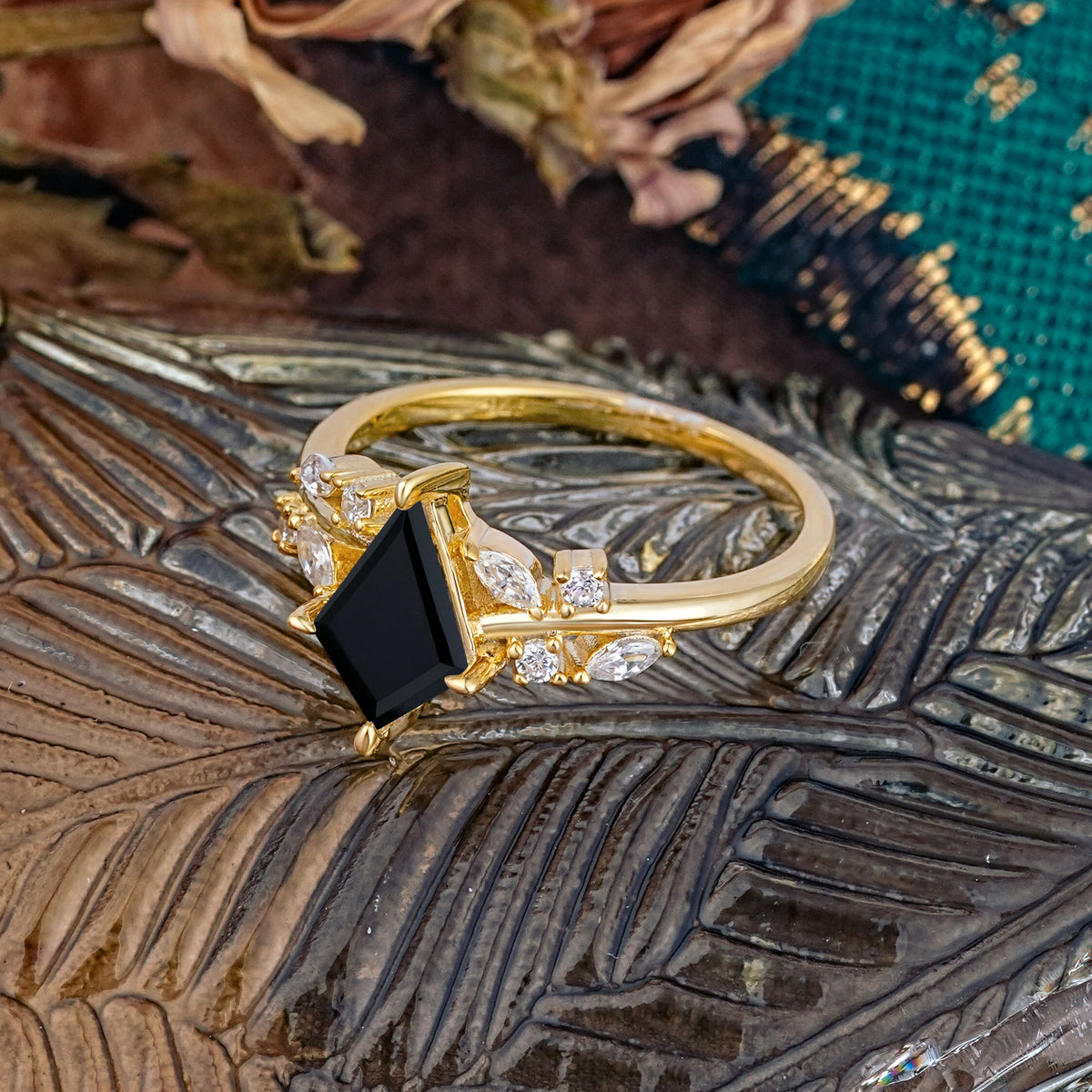 Unique Sparkling Kite Cut Black Onyx Engagement Ring - Additional view