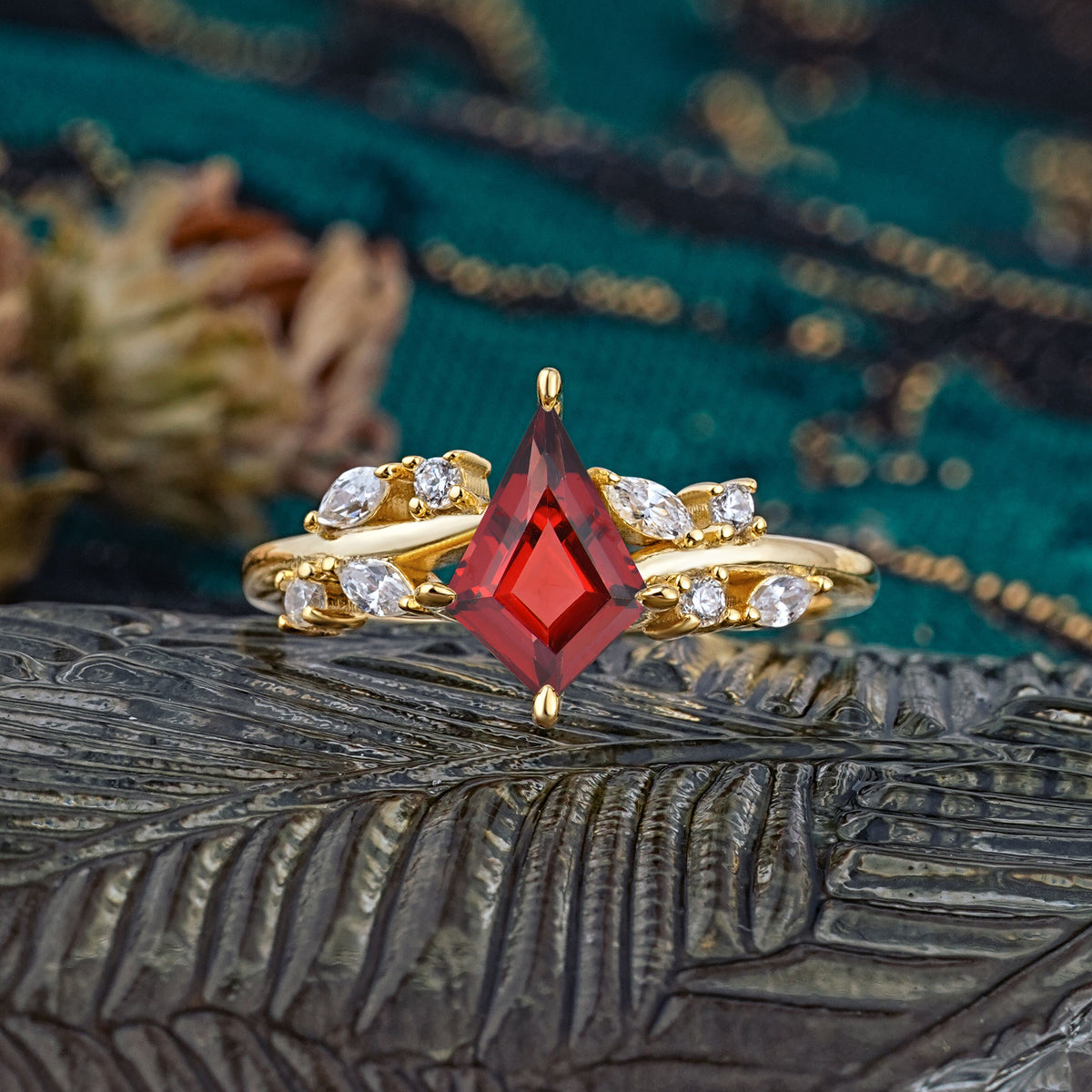 Unique Sparkling Kite Cut Garnet Engagement Ring - Additional view
