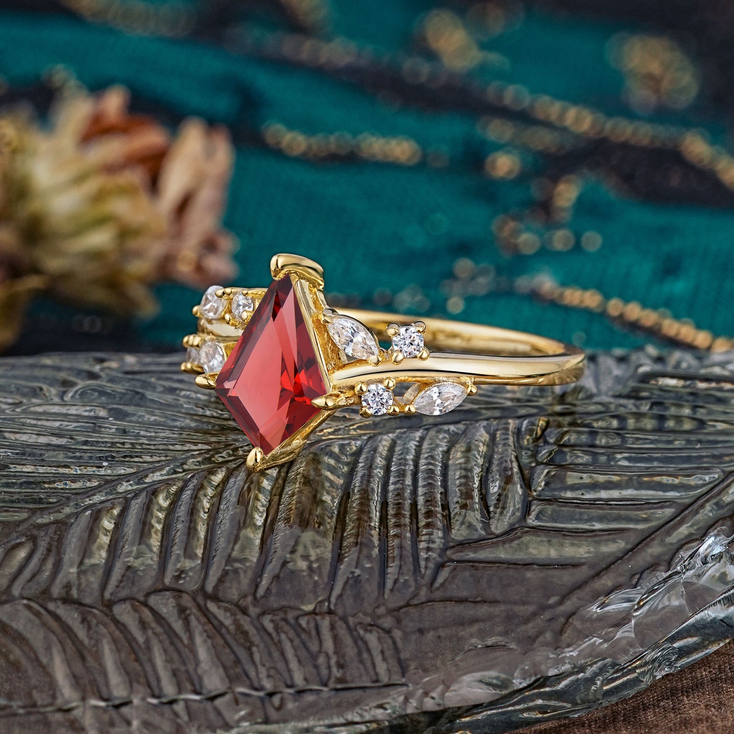 Unique Sparkling Kite Cut Garnet Engagement Ring - Additional view