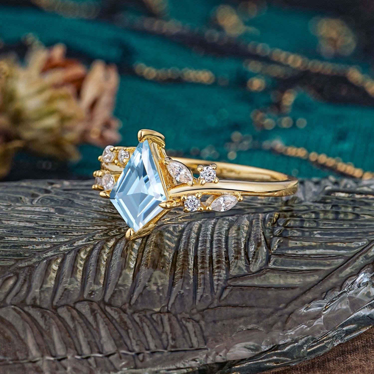 Unique Sparkling Kite Cut Aquamarine Engagement Ring - Additional view