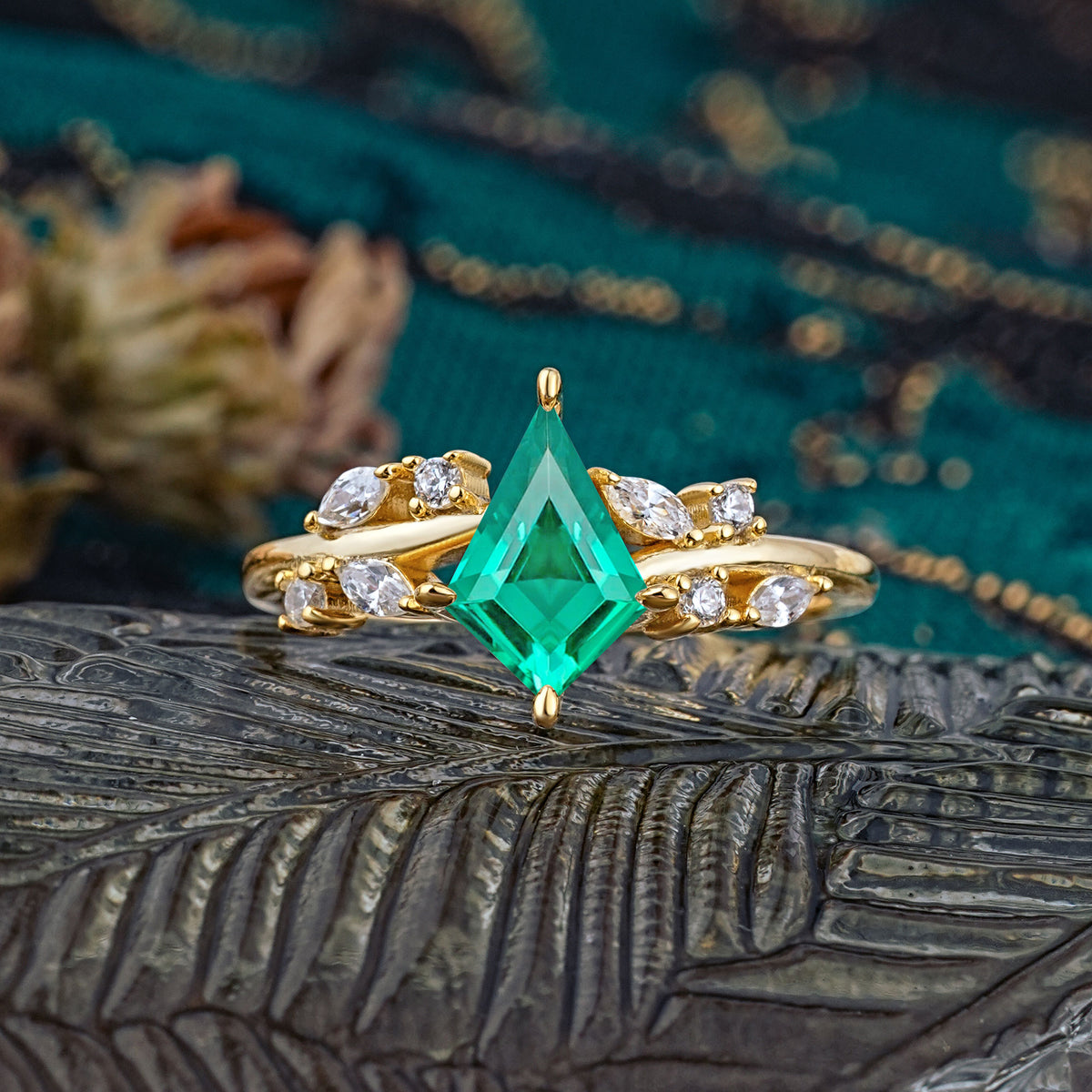 Unique Sparkling Kite Cut Emerald Engagement Ring - Additional view