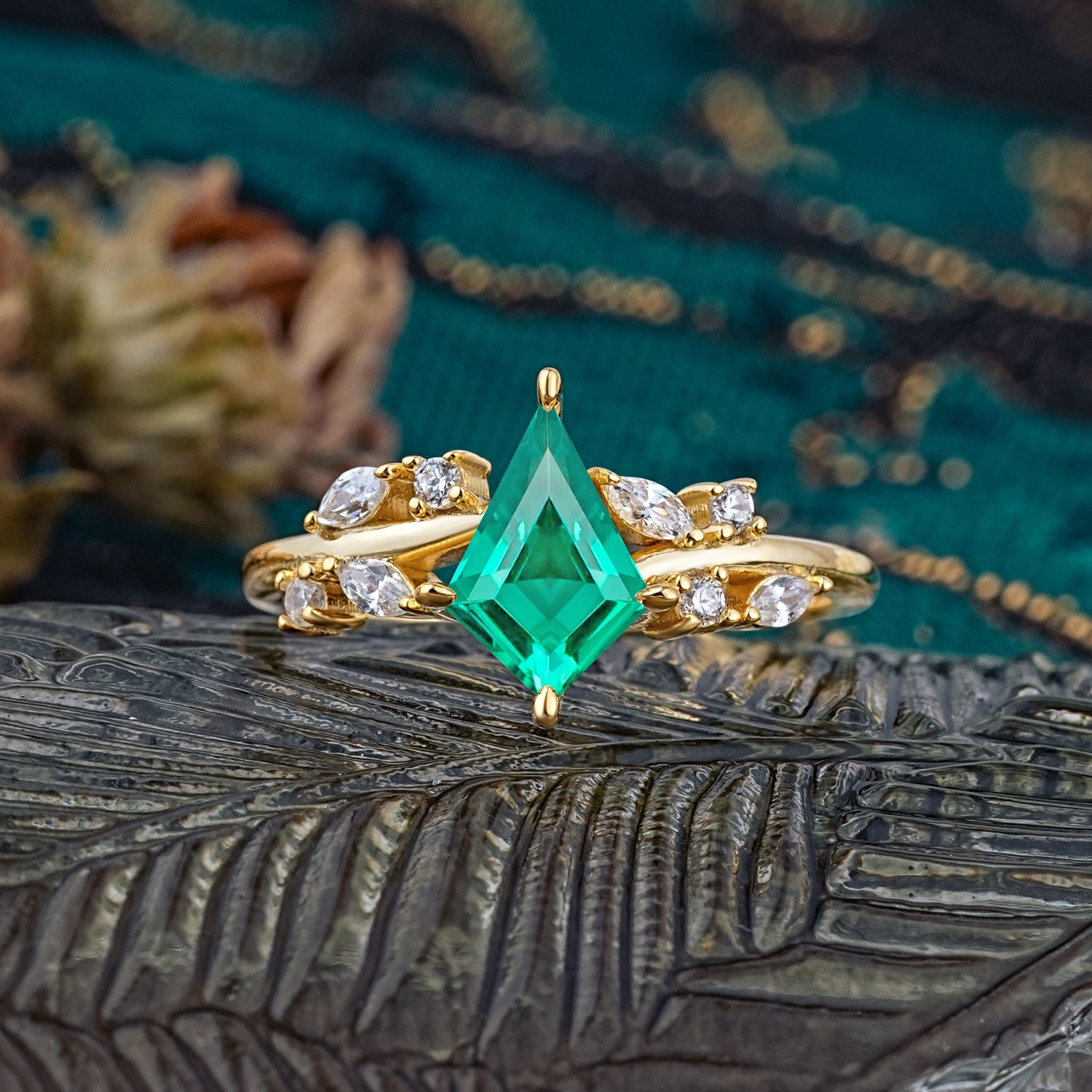 Unique Sparkling Kite Cut Emerald Engagement Ring - Additional view