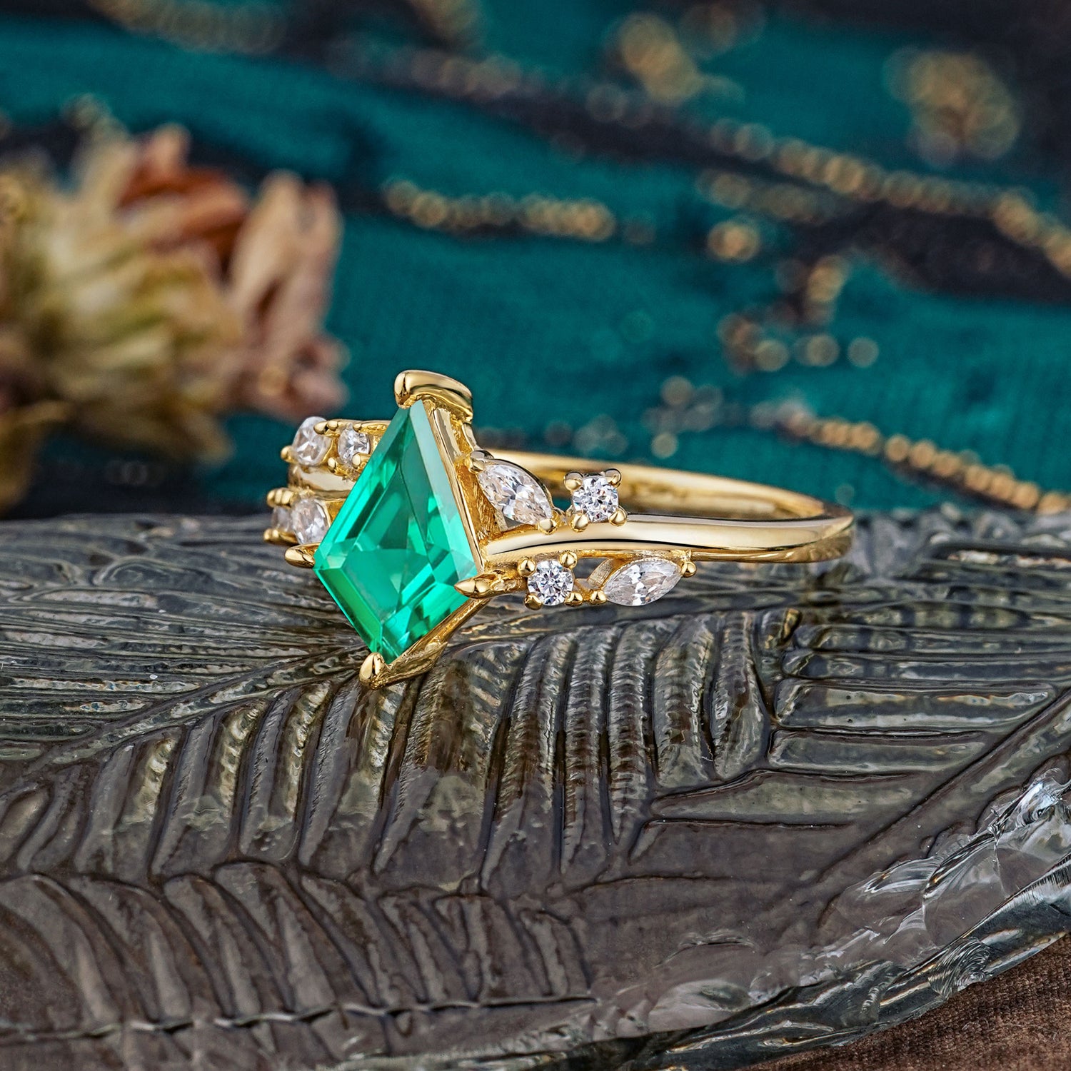 Unique Sparkling Kite Cut Emerald Engagement Ring - Additional view