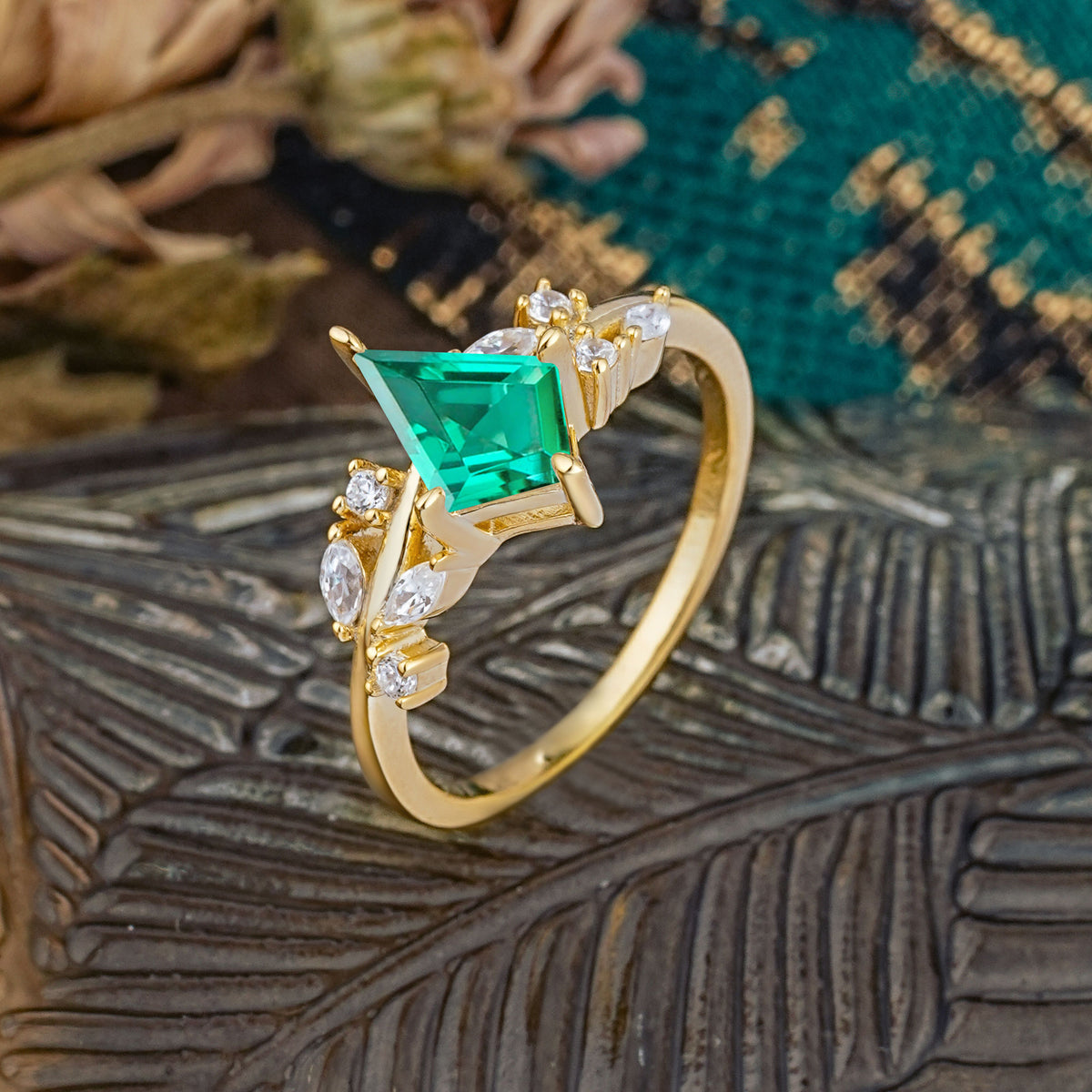Unique Sparkling Kite Cut Emerald Engagement Ring - Additional view