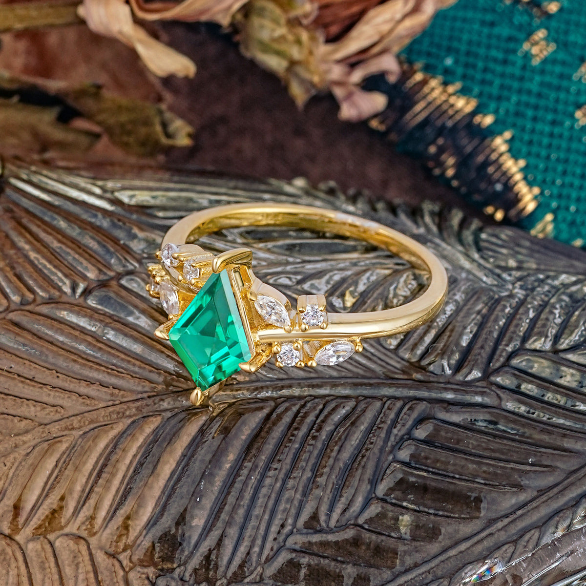 Unique Sparkling Kite Cut Emerald Engagement Ring - Additional view