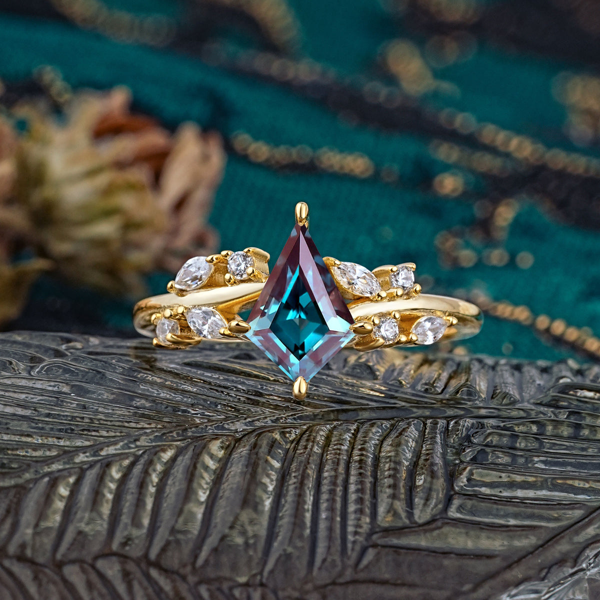 Unique Sparkling Kite Cut Alexandrite Engagement Ring - Additional view
