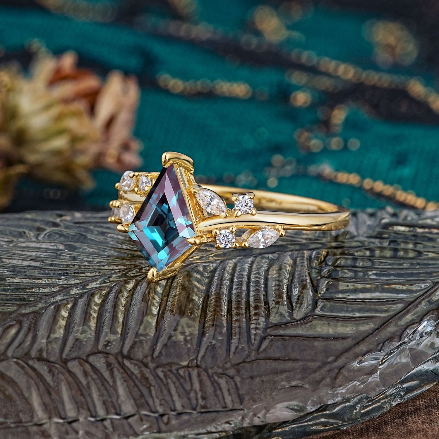 Unique Sparkling Kite Cut Alexandrite Engagement Ring - Additional view