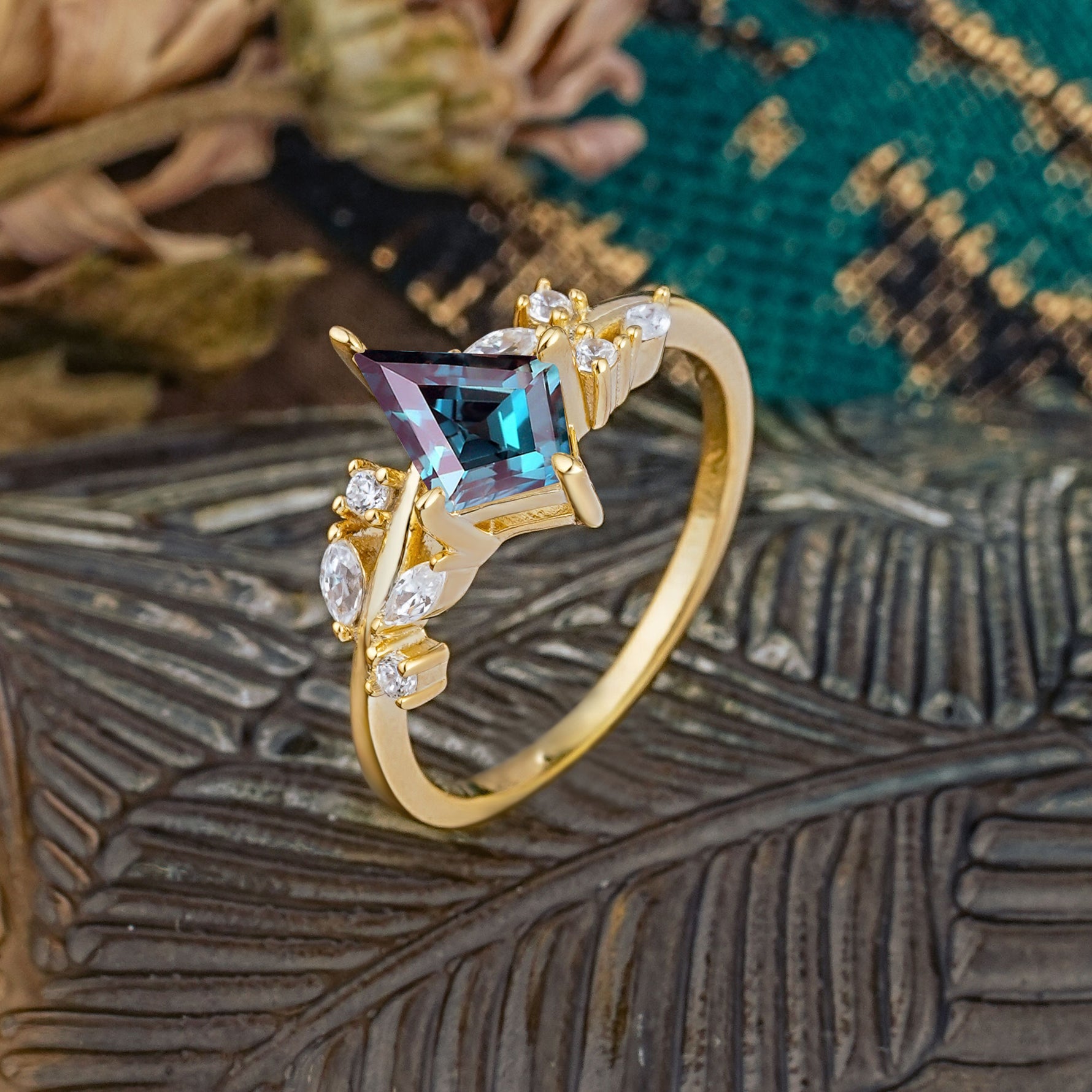 Unique Sparkling Kite Cut Alexandrite Engagement Ring - Additional view