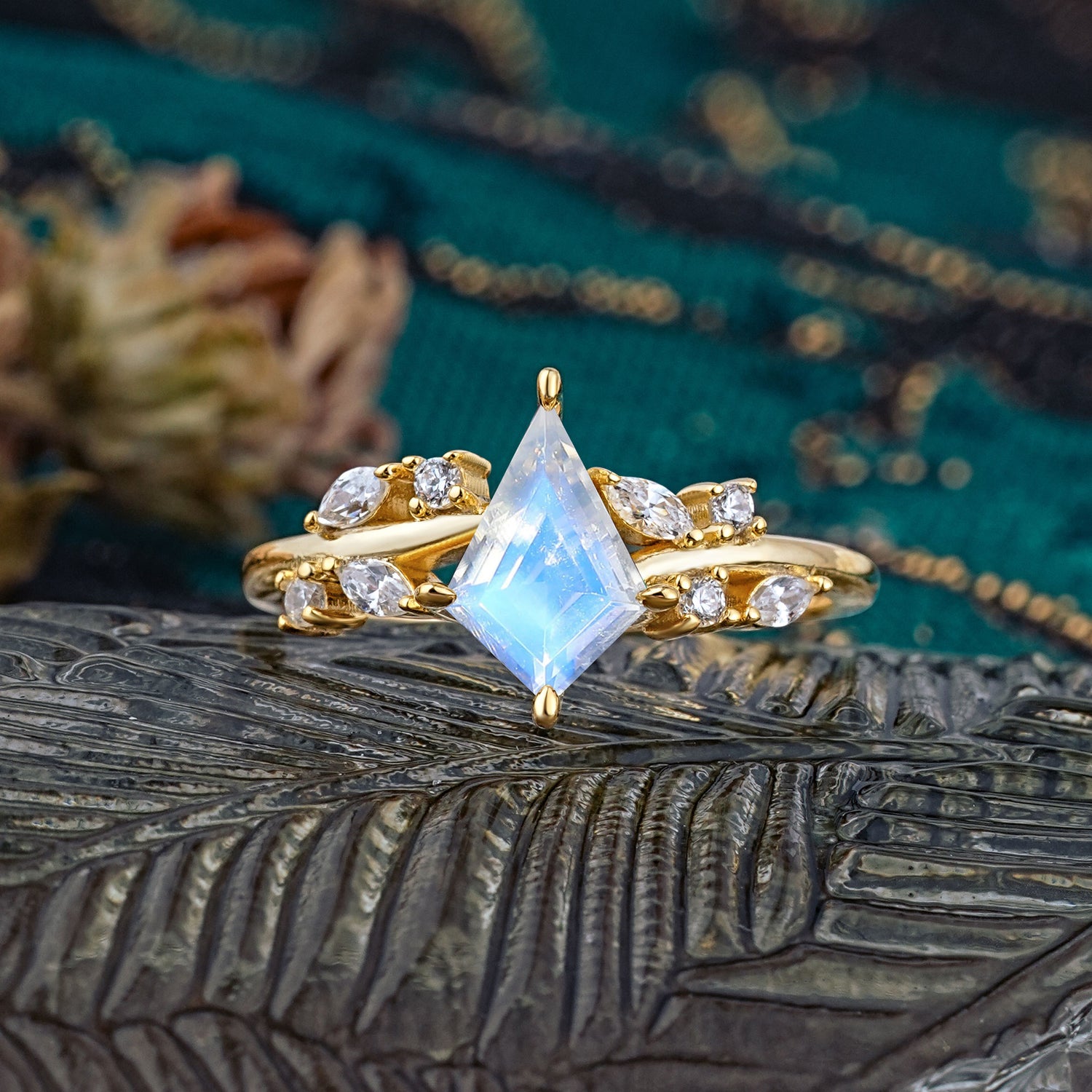 Unique Sparkling Kite Cut Moonstone Engagement Ring - Additional view
