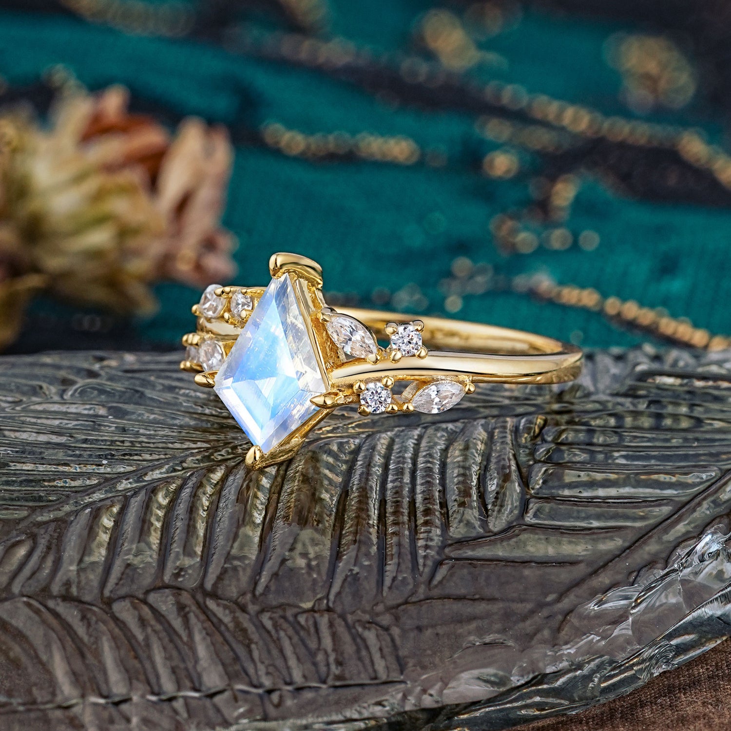 Unique Sparkling Kite Cut Moonstone Engagement Ring - Additional view