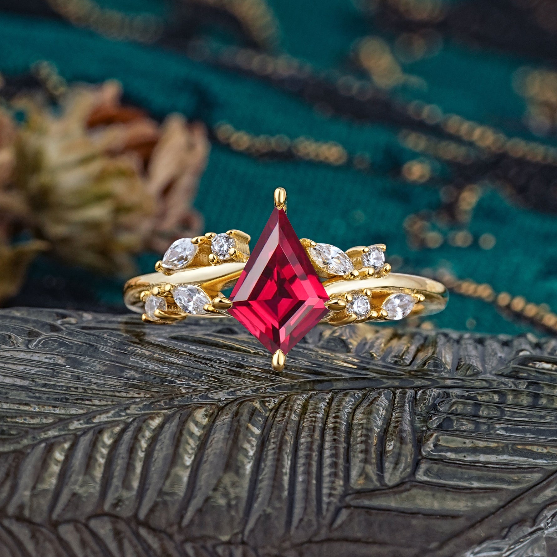Unique Sparkling Kite Cut Ruby Engagement Ring - Additional view